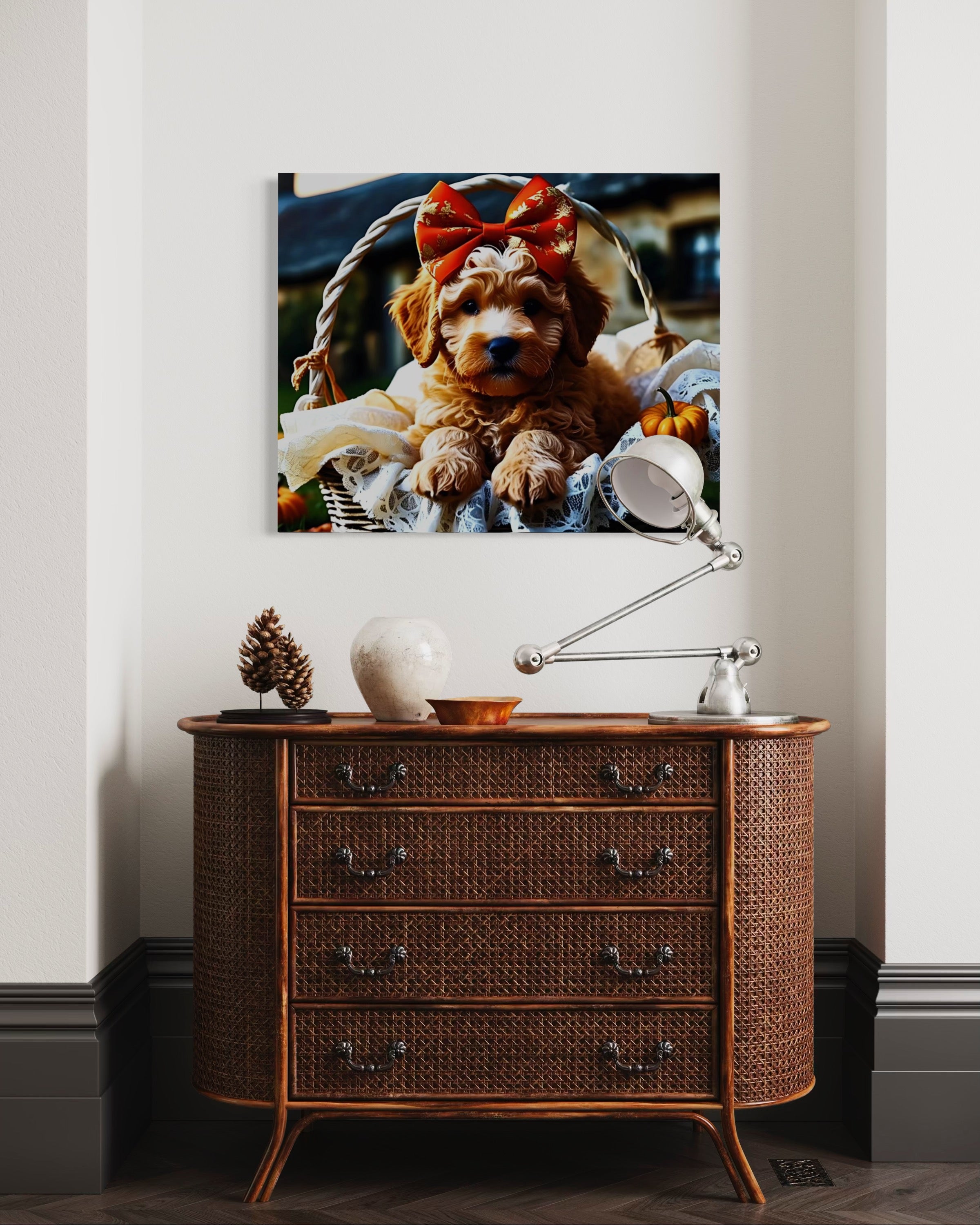 Autumn Goldendoodle Puppy with Bow in Basket