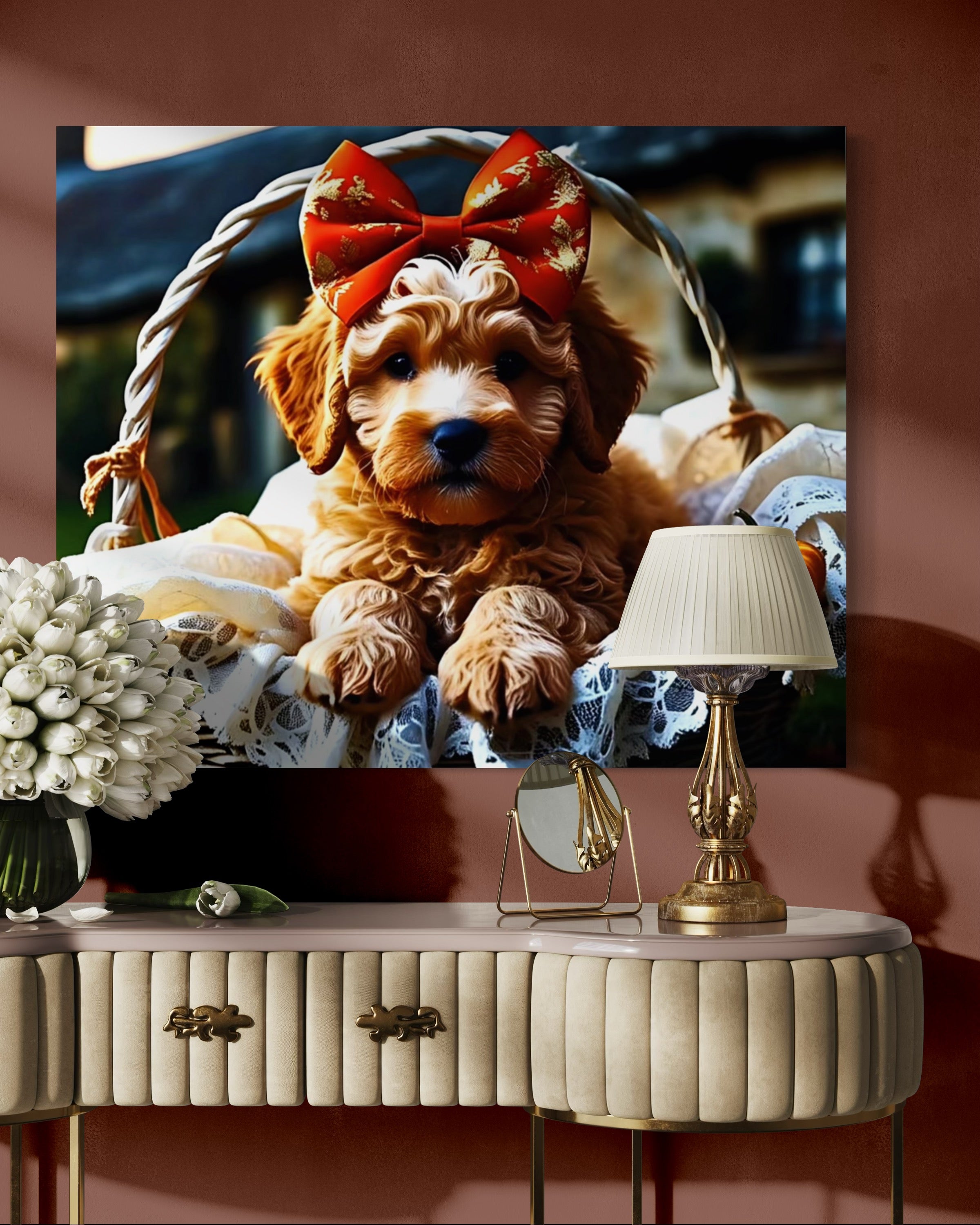 Autumn Goldendoodle Puppy with Bow in Basket