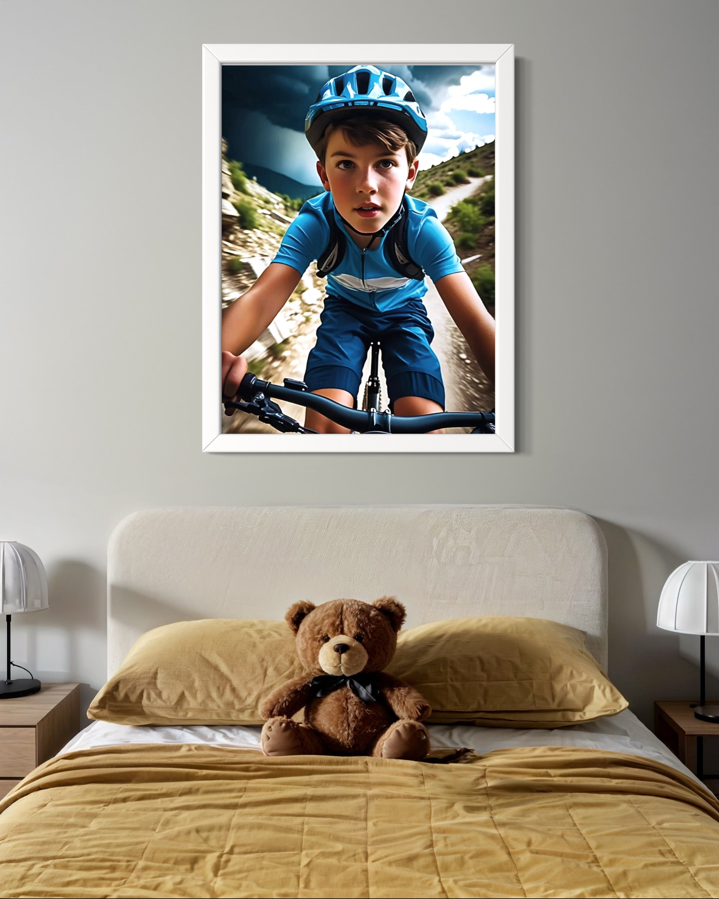 Boy Mountain Biking Blue Museum Print