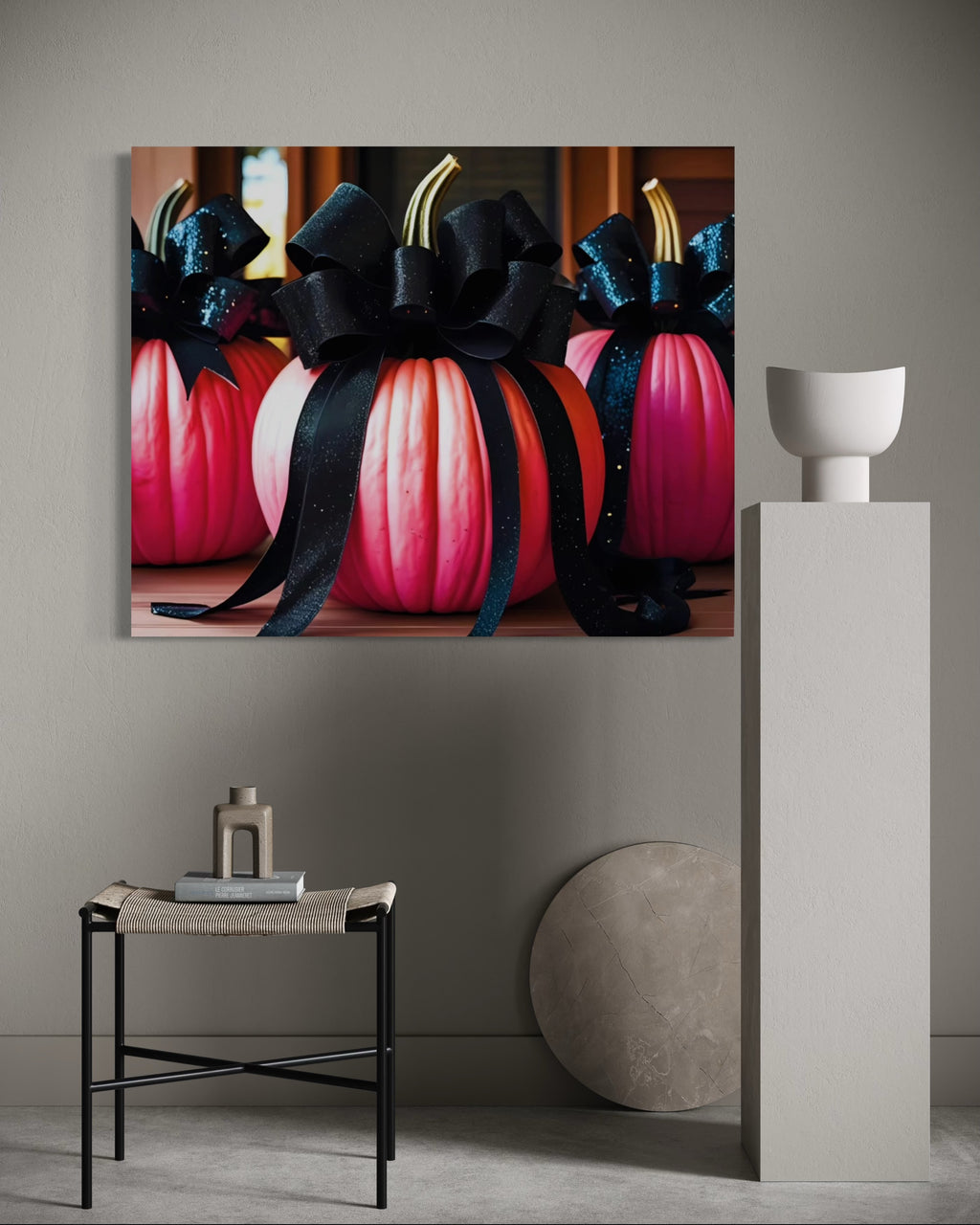 Pink Porch Pumpkins with Black Glittering and Velvet Bows