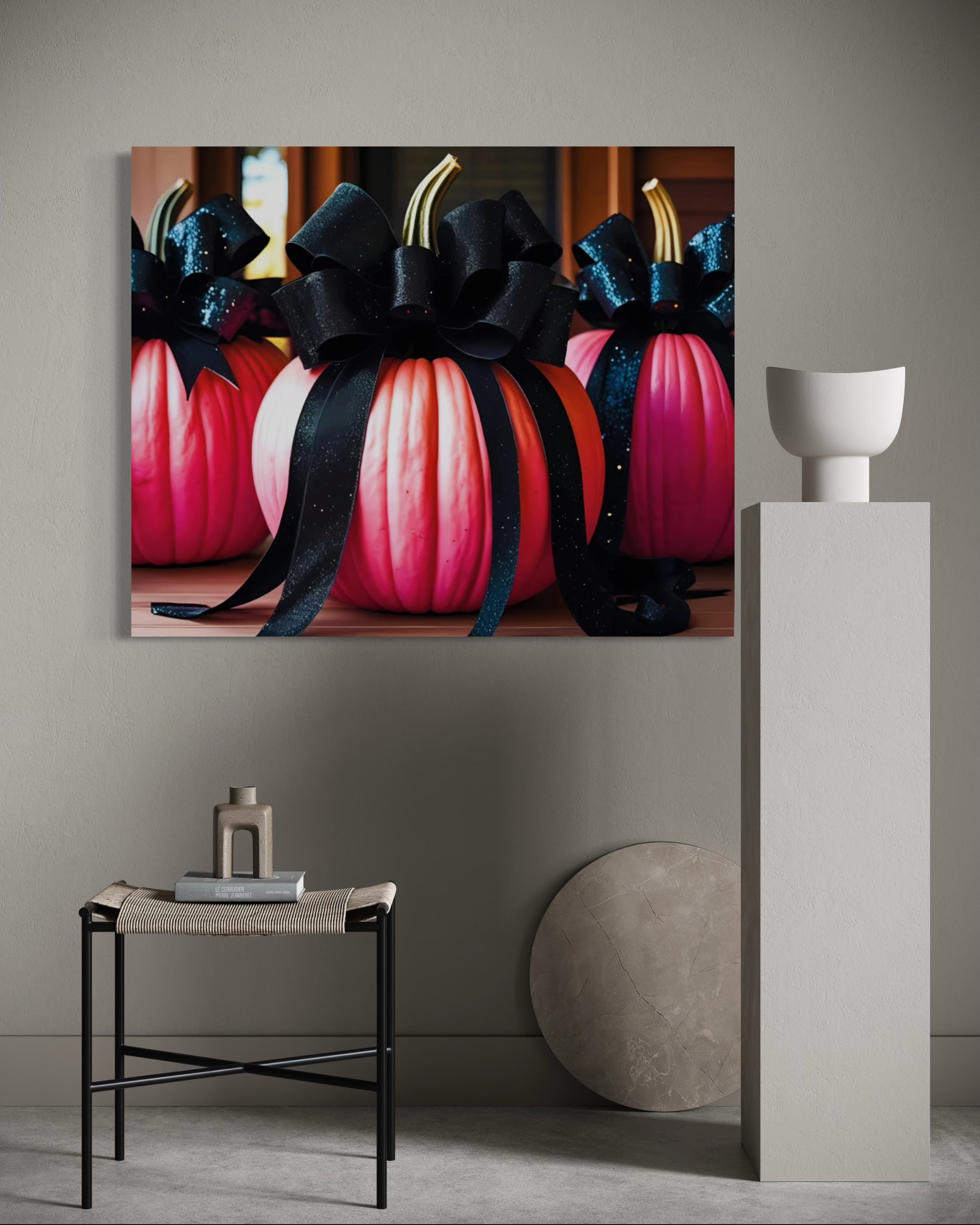 Pink Porch Pumpkins with Black Glittering and Velvet Bows