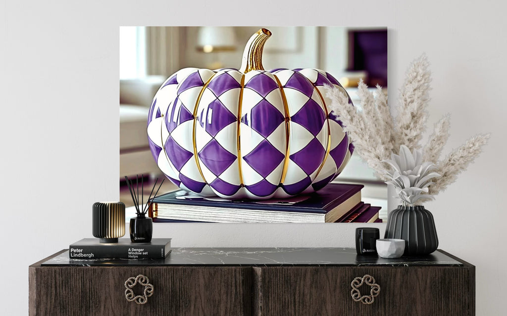 Purple and Gold Checkered Ceramic Pumpkin