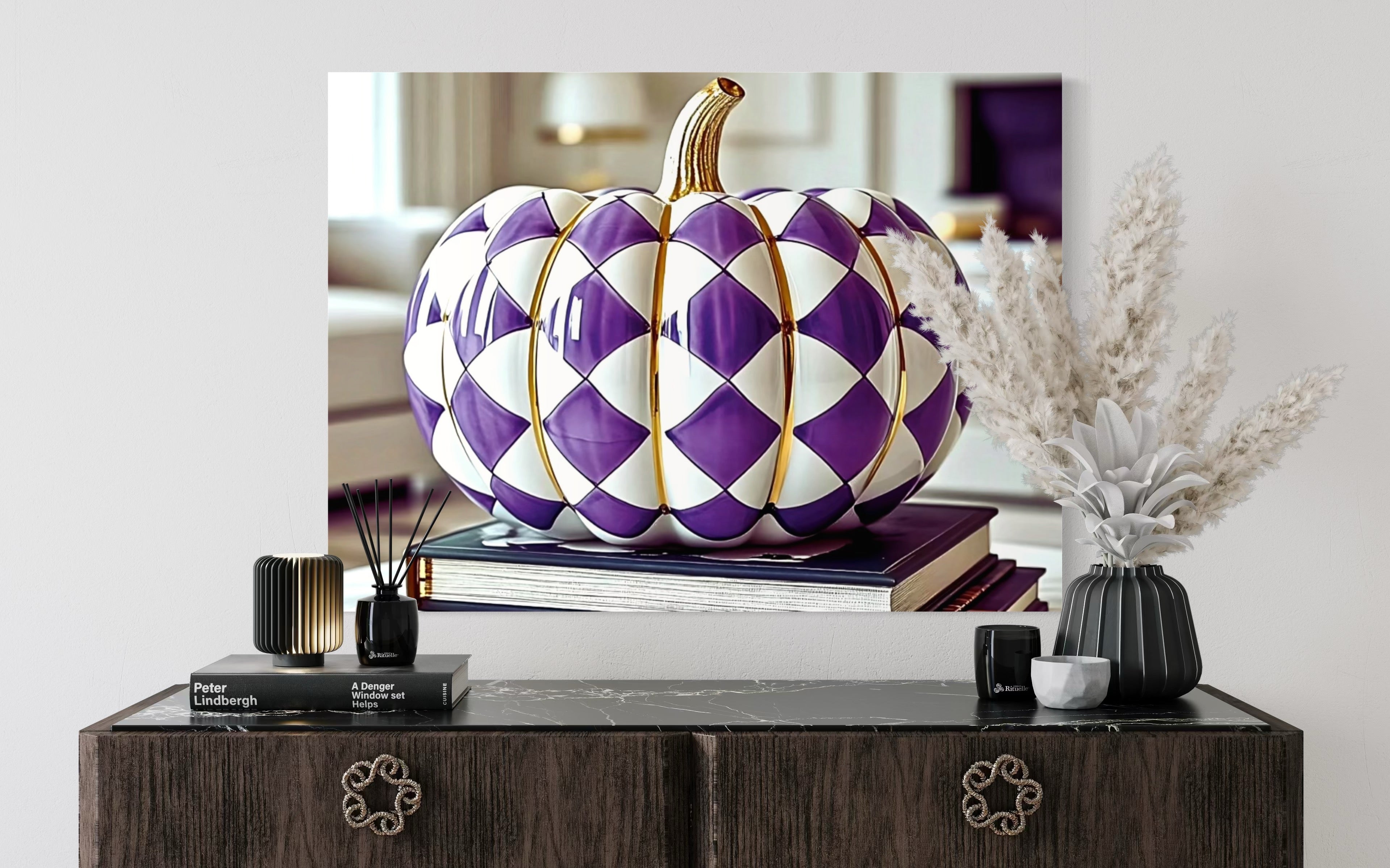 Purple and Gold Checkered Ceramic Pumpkin