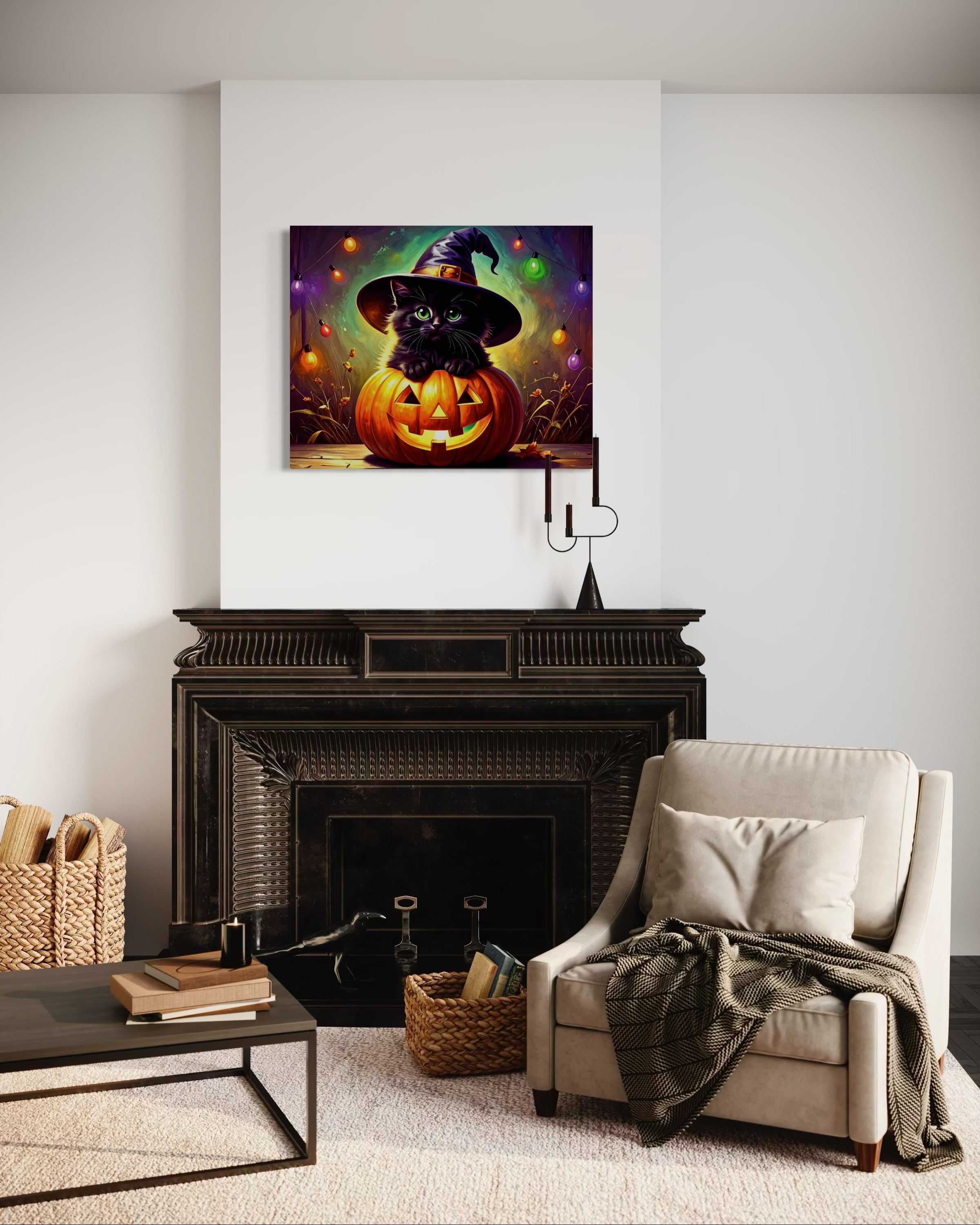 Kitten in Jack O Lantern with Witch Hat