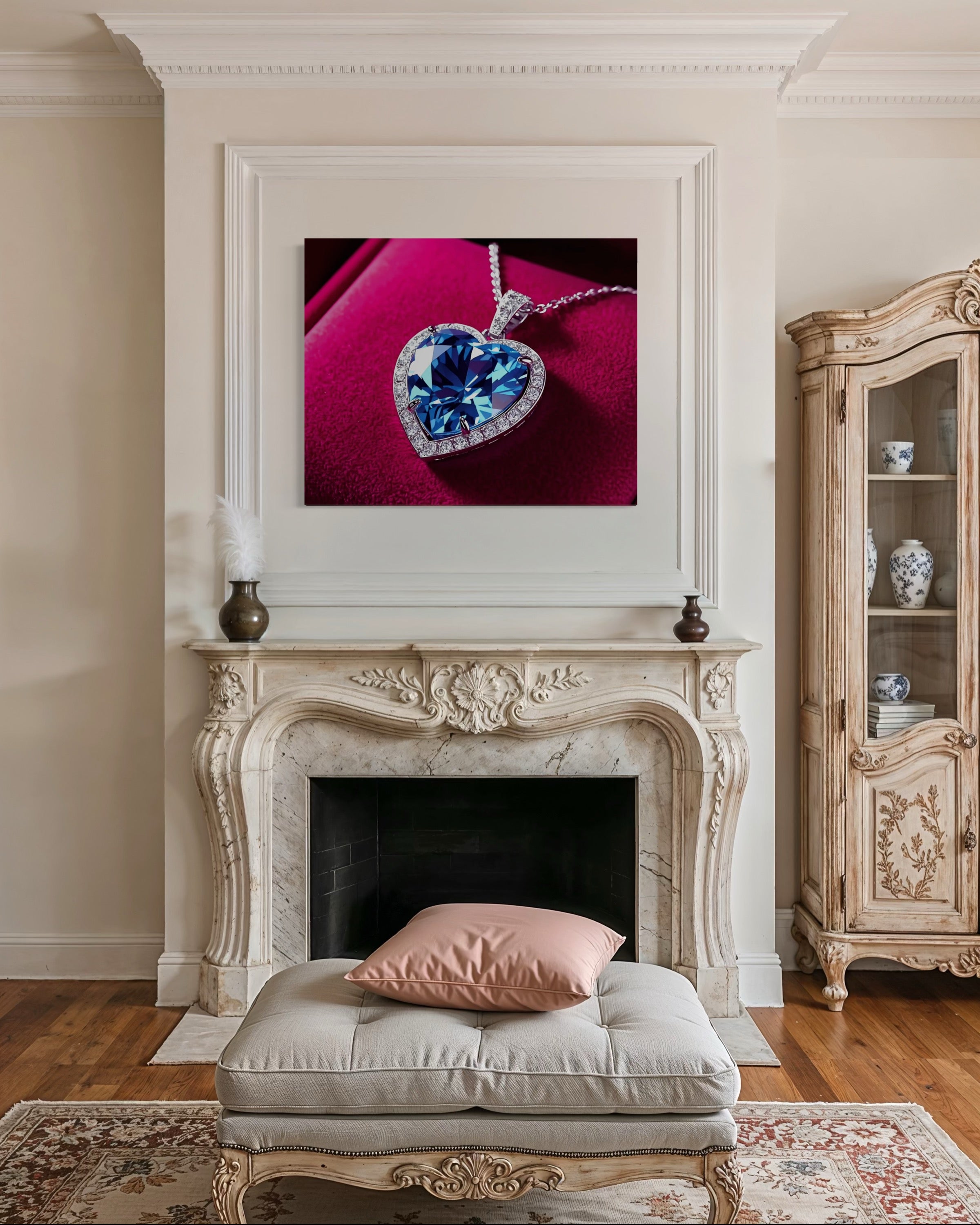 Blue Diamond Heart Necklace on Pink Velvet Museum Print