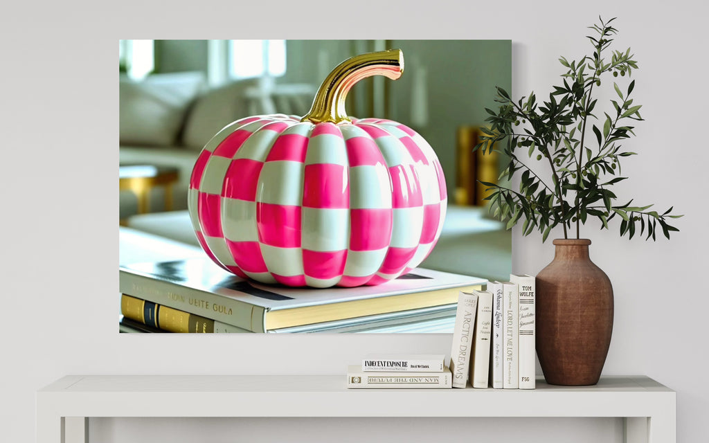 Pink and White Checkered Gold Stem Ceramic Pumpkin