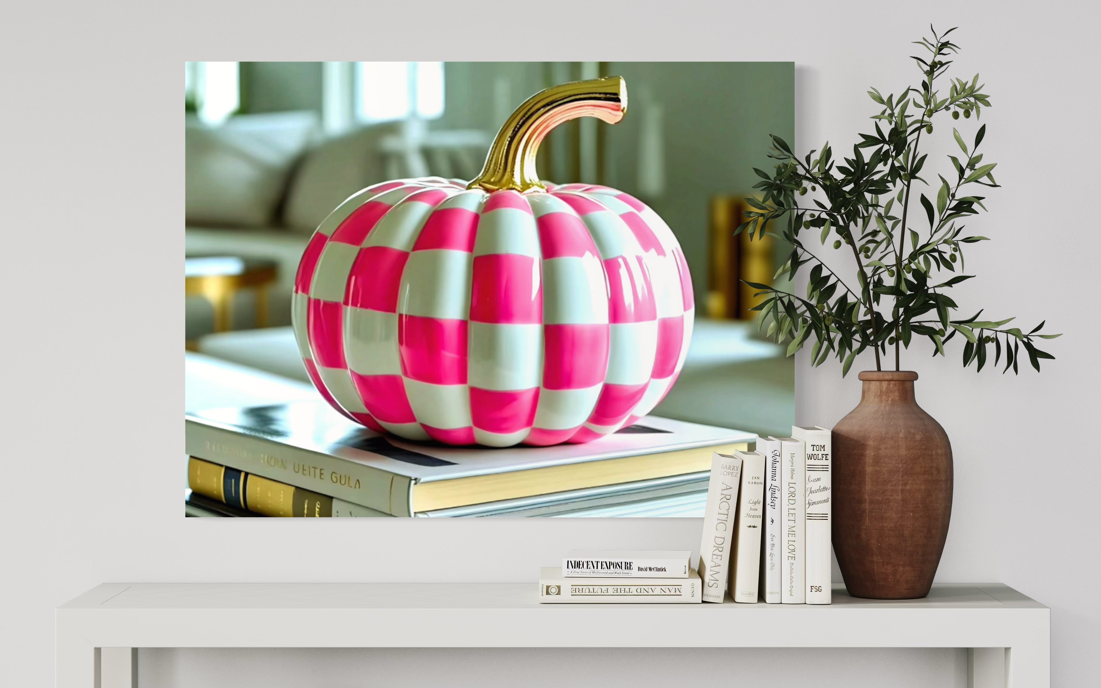 Pink and White Checkered Gold Stem Ceramic Pumpkin