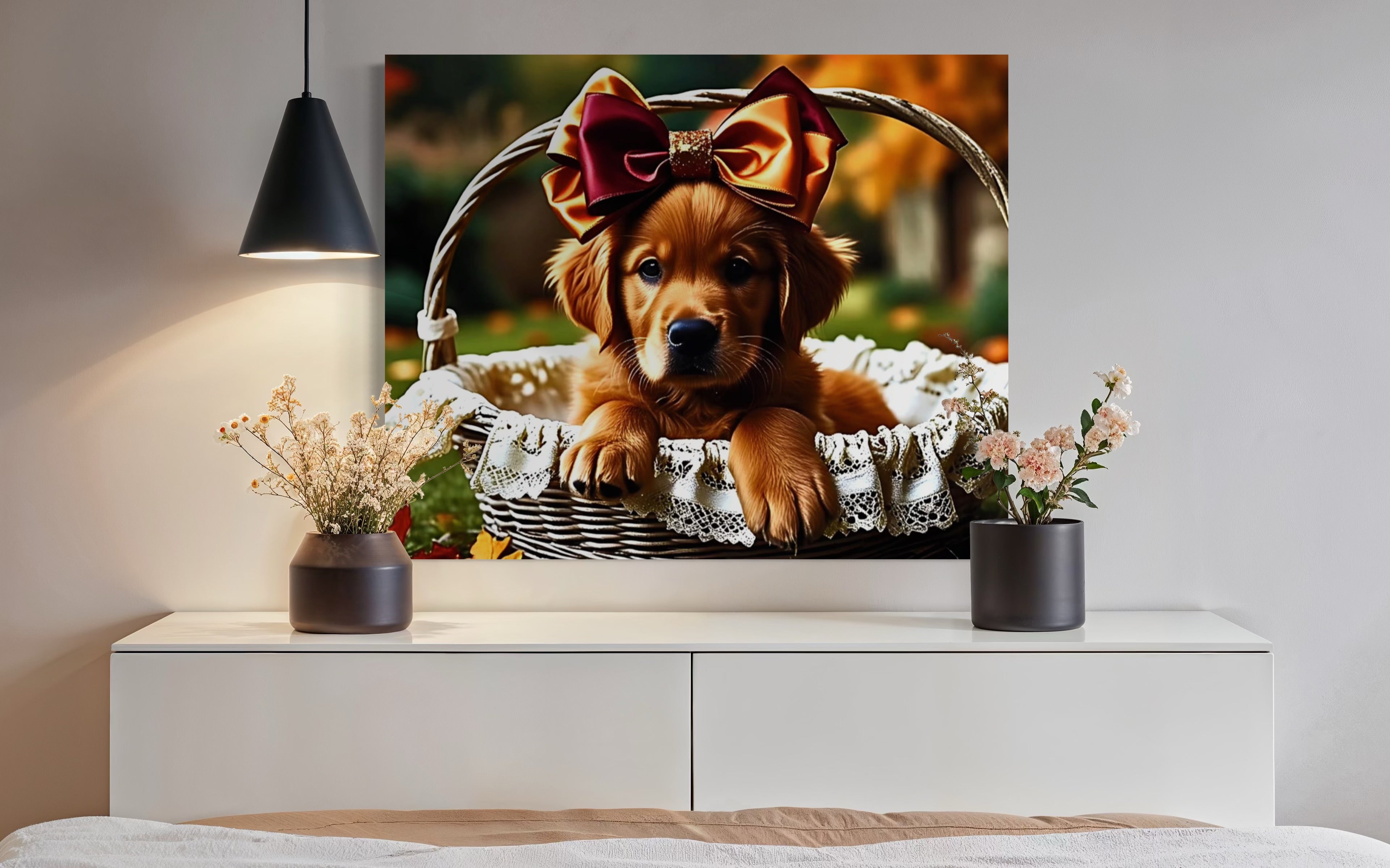 Autumn Golden Retriever Girl Puppy with a bow in a Basket