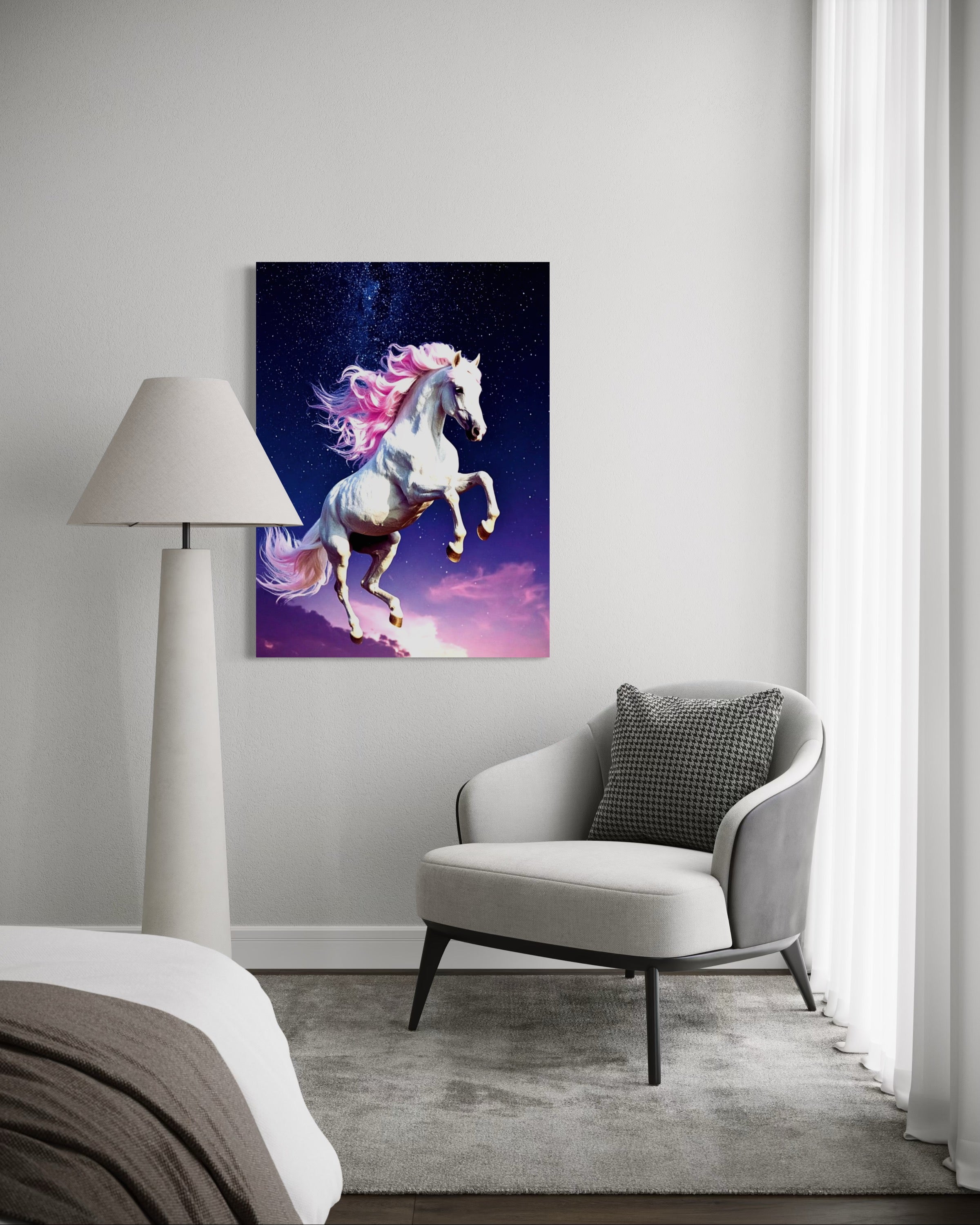 Jumping White Horse with Pink Hair