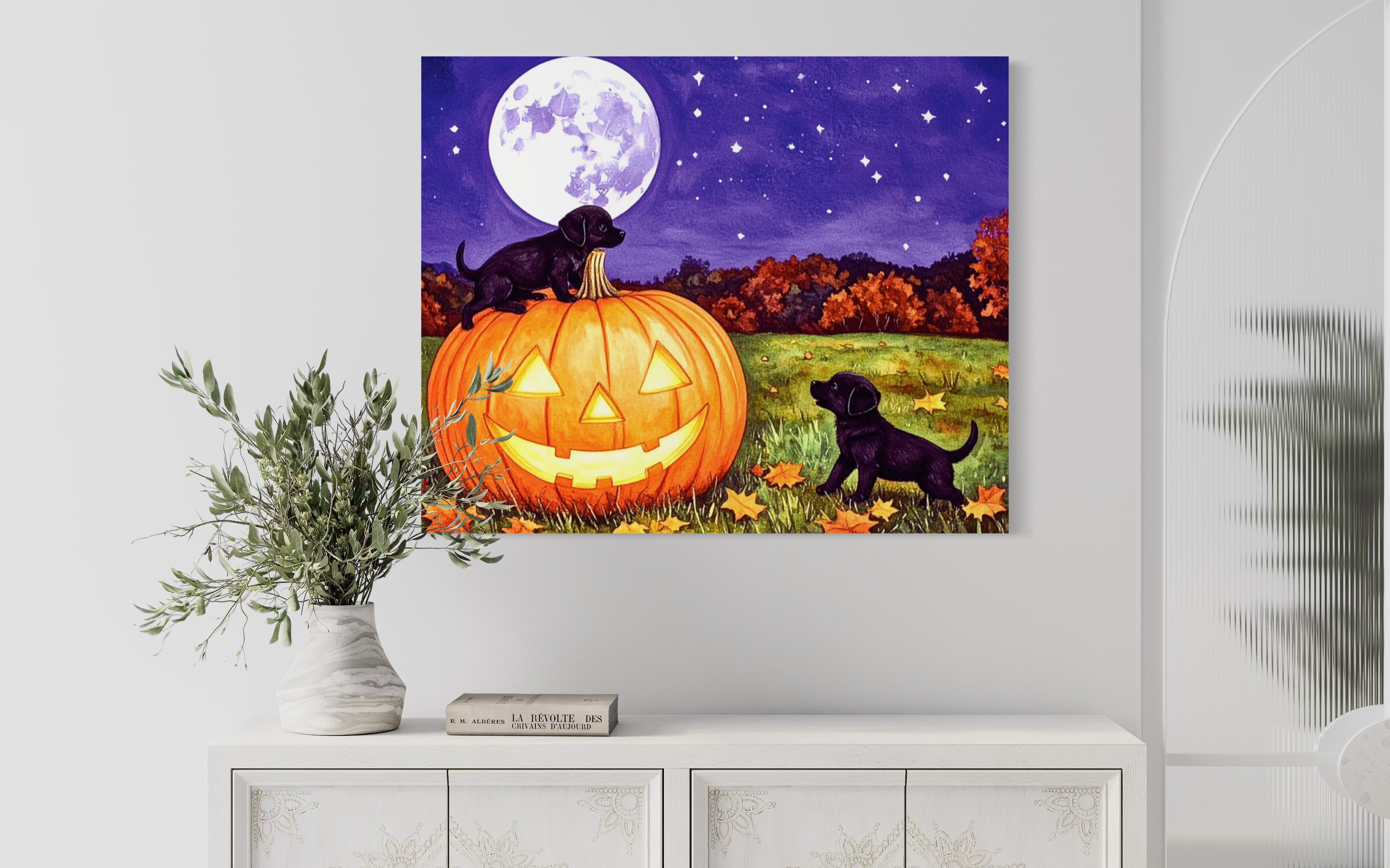 Puppies play on a Pumpkin