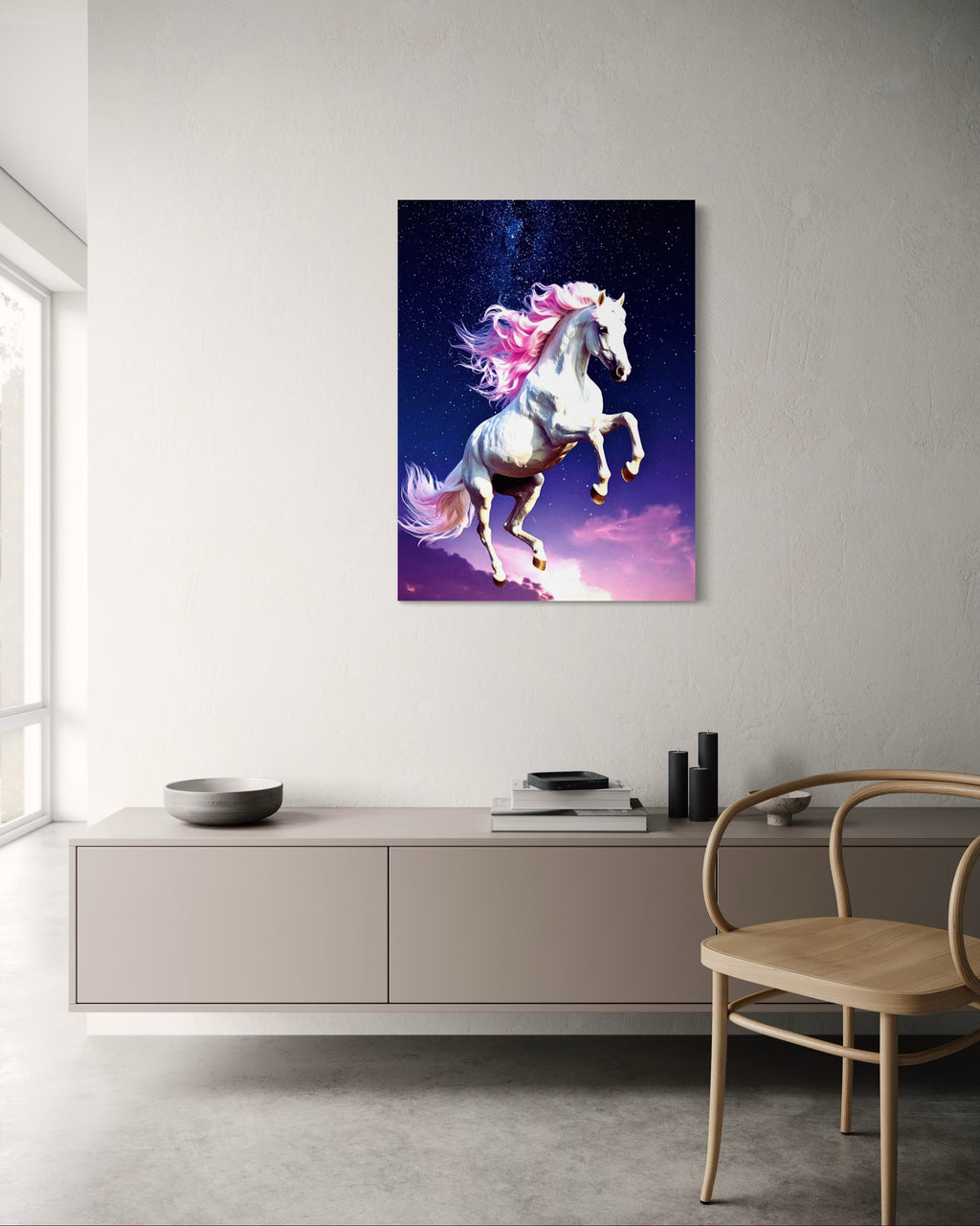 Jumping White Horse with Pink Hair