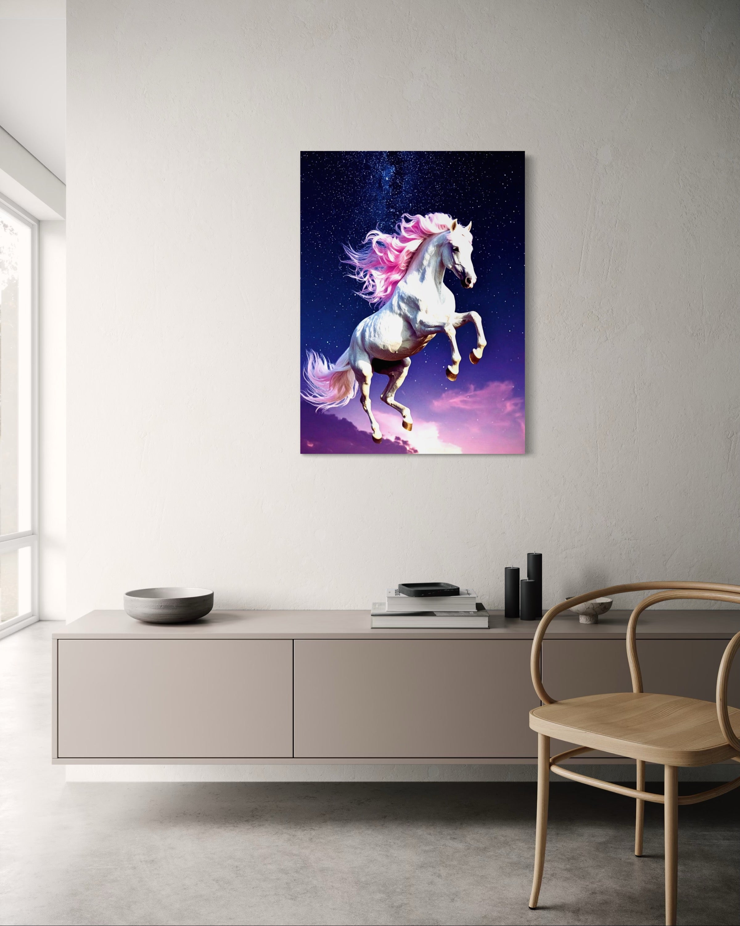 Jumping White Horse with Pink Hair
