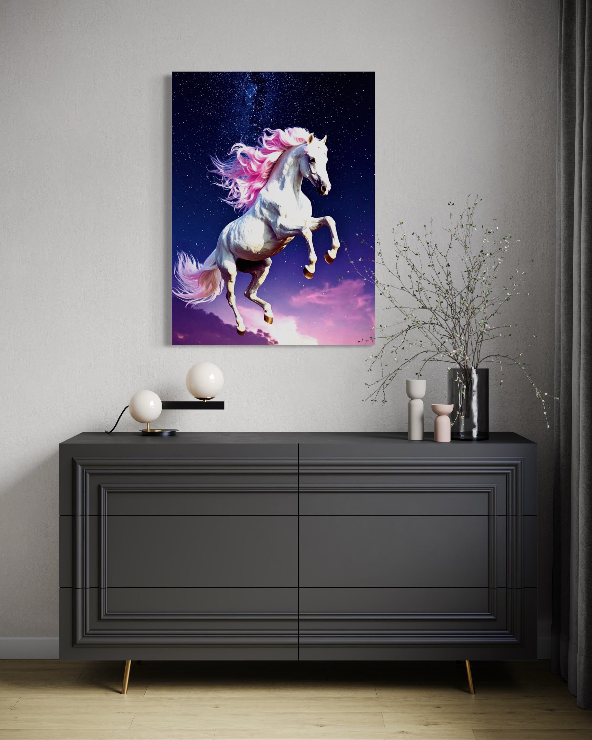 Jumping White Horse with Pink Hair