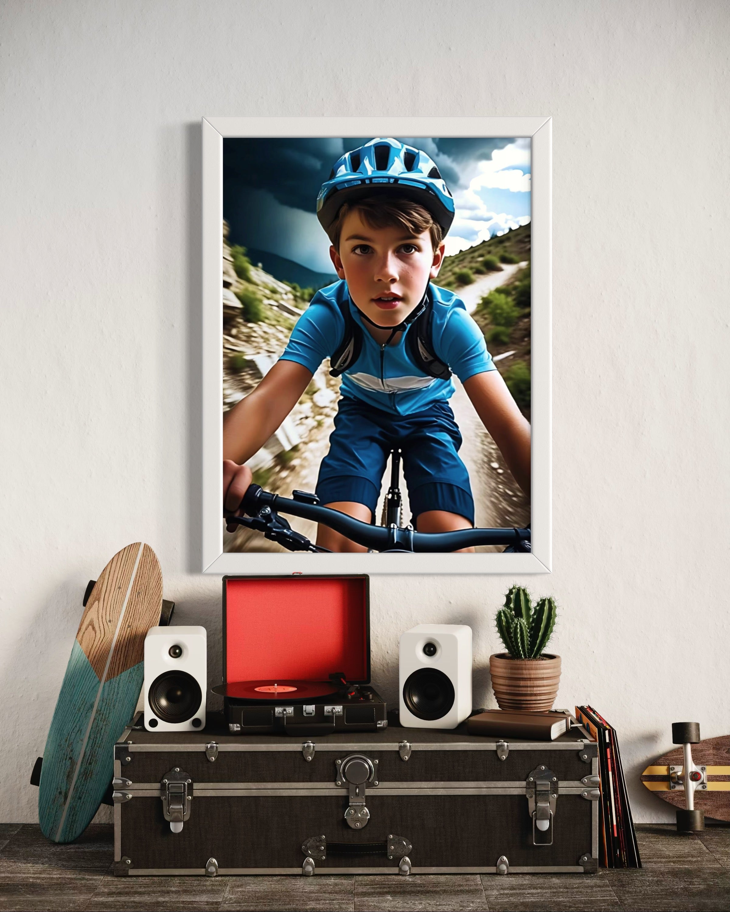 Boy Mountain Biking Blue Museum Print
