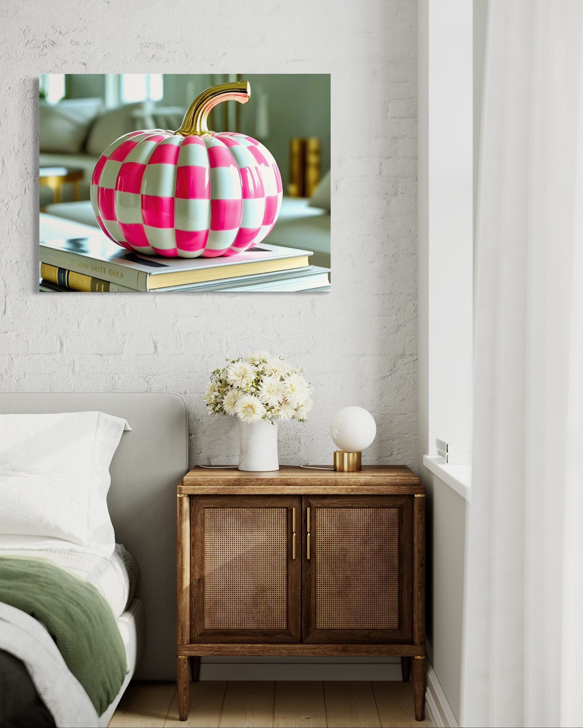 Pink and White Checkered Gold Stem Ceramic Pumpkin