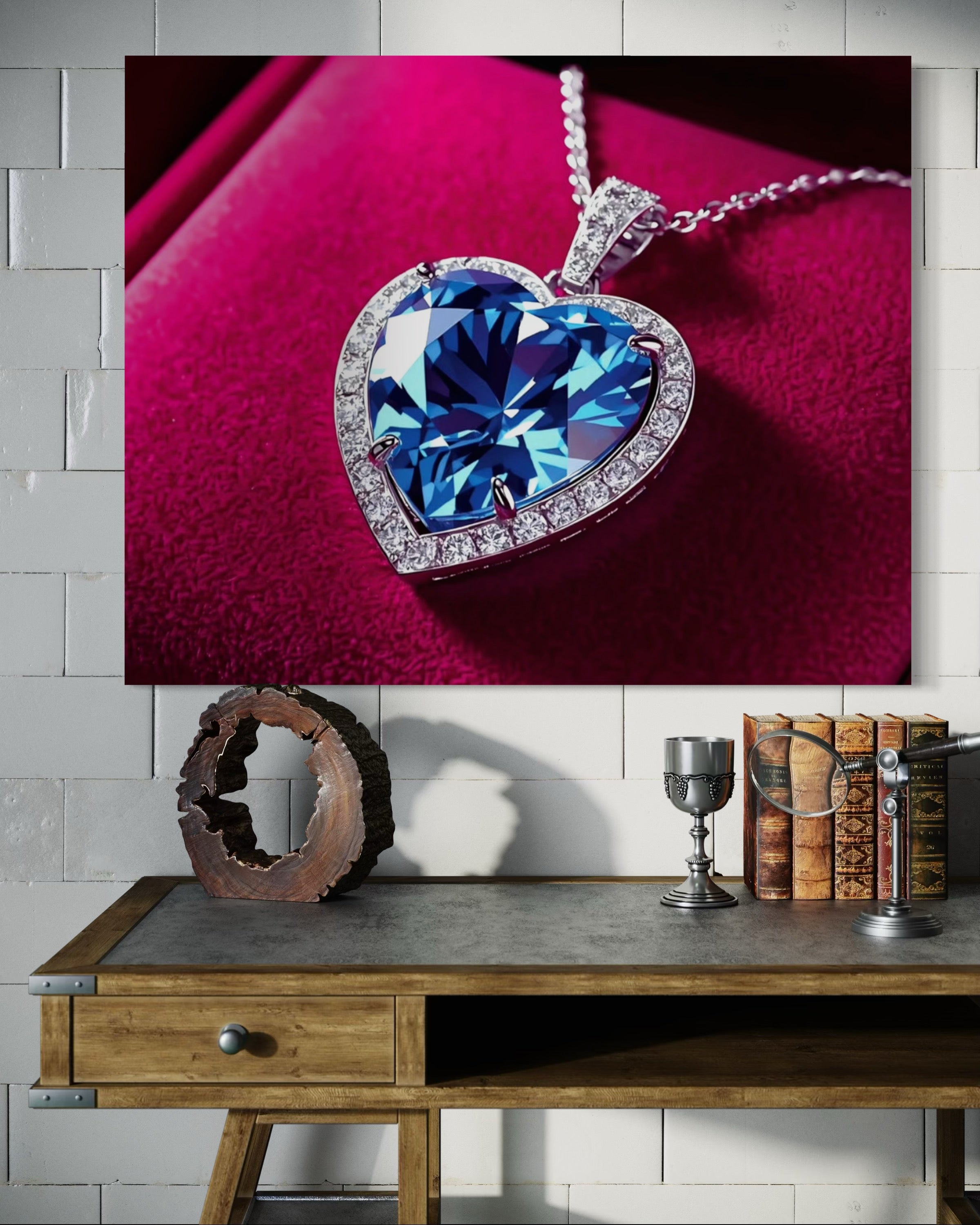 Blue Diamond Heart Necklace on Pink Velvet Museum Print