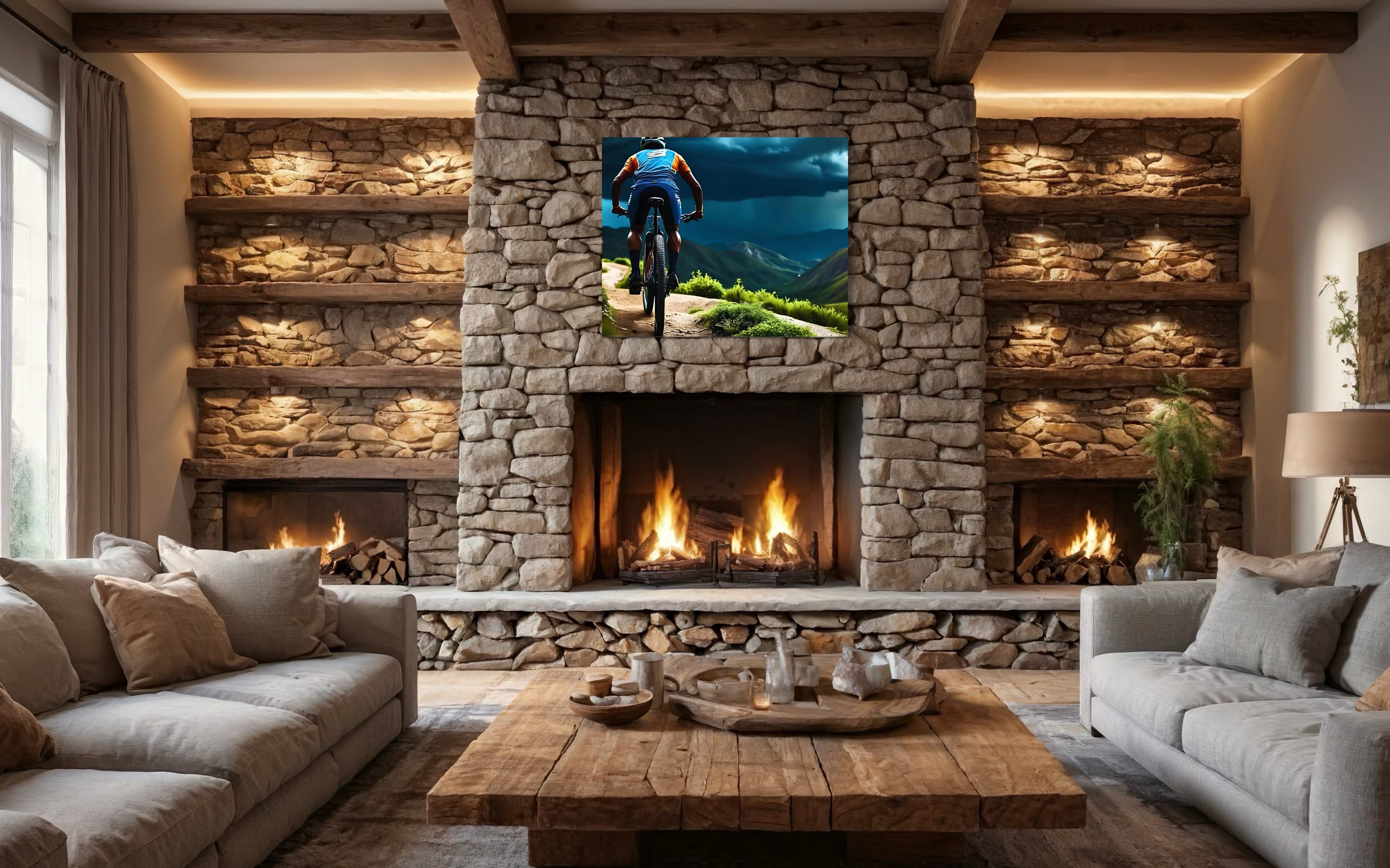 Men Mountain Biking into Rain Museum Print
