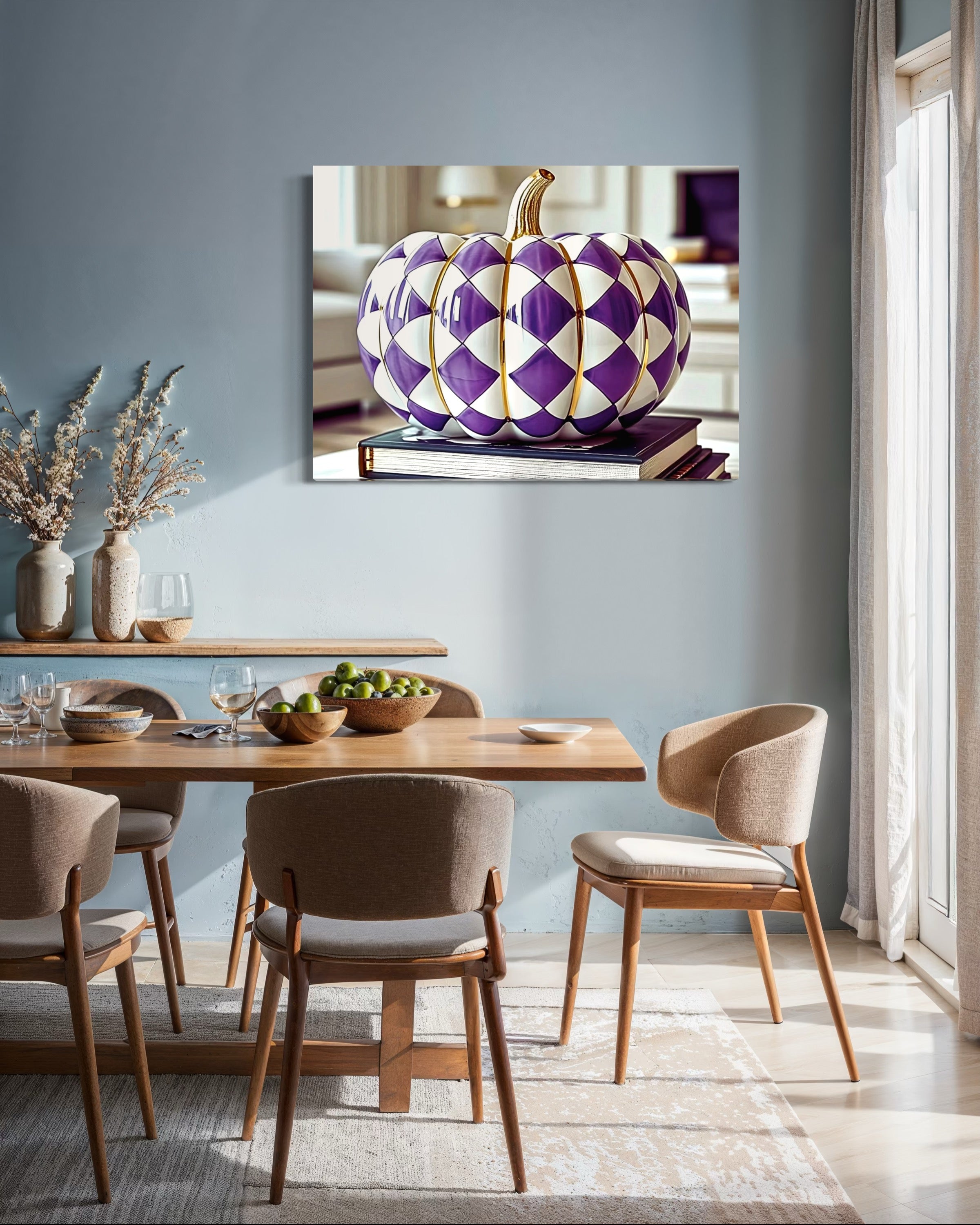 Purple and Gold Checkered Ceramic Pumpkin