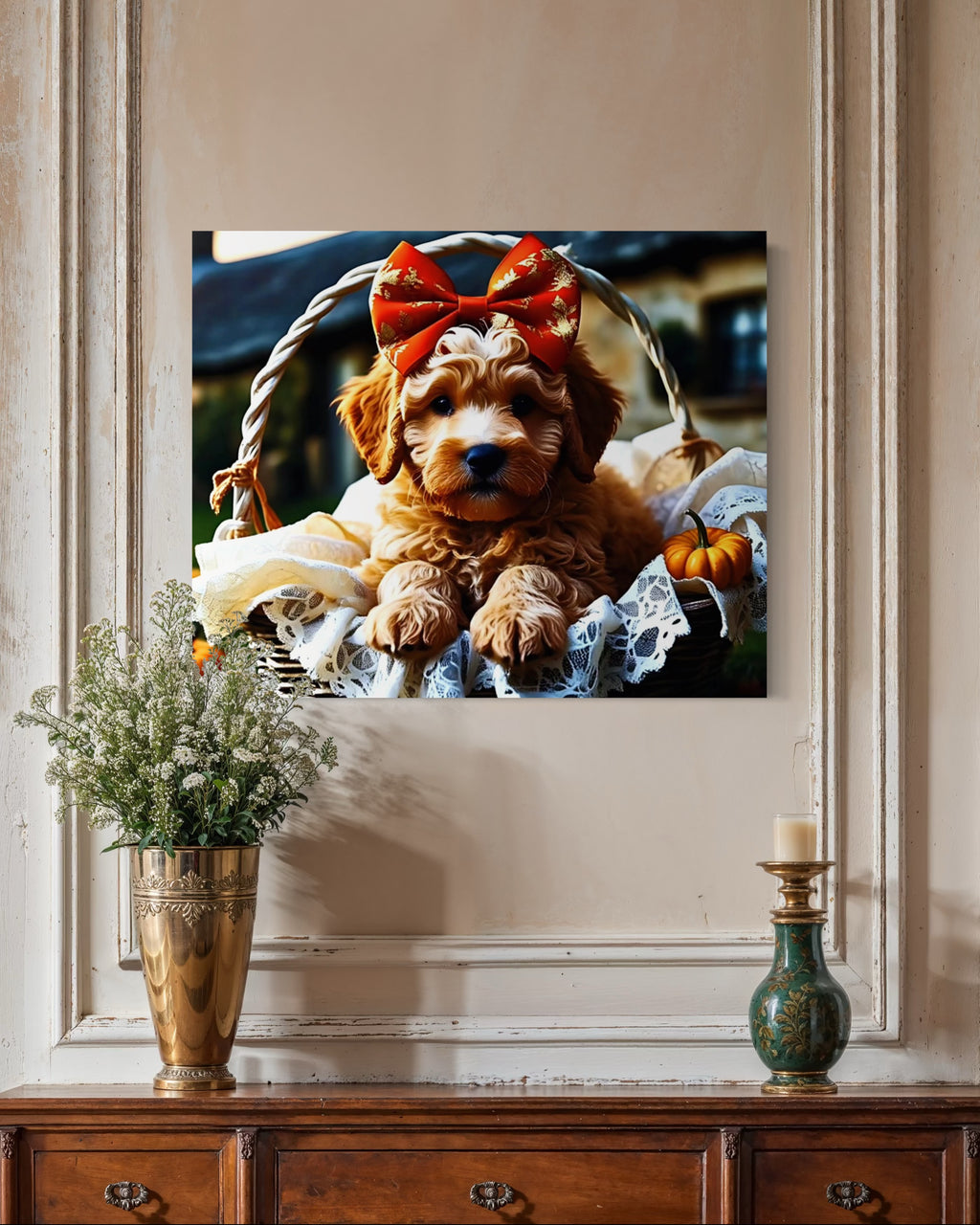 Autumn Goldendoodle Puppy with Bow in Basket