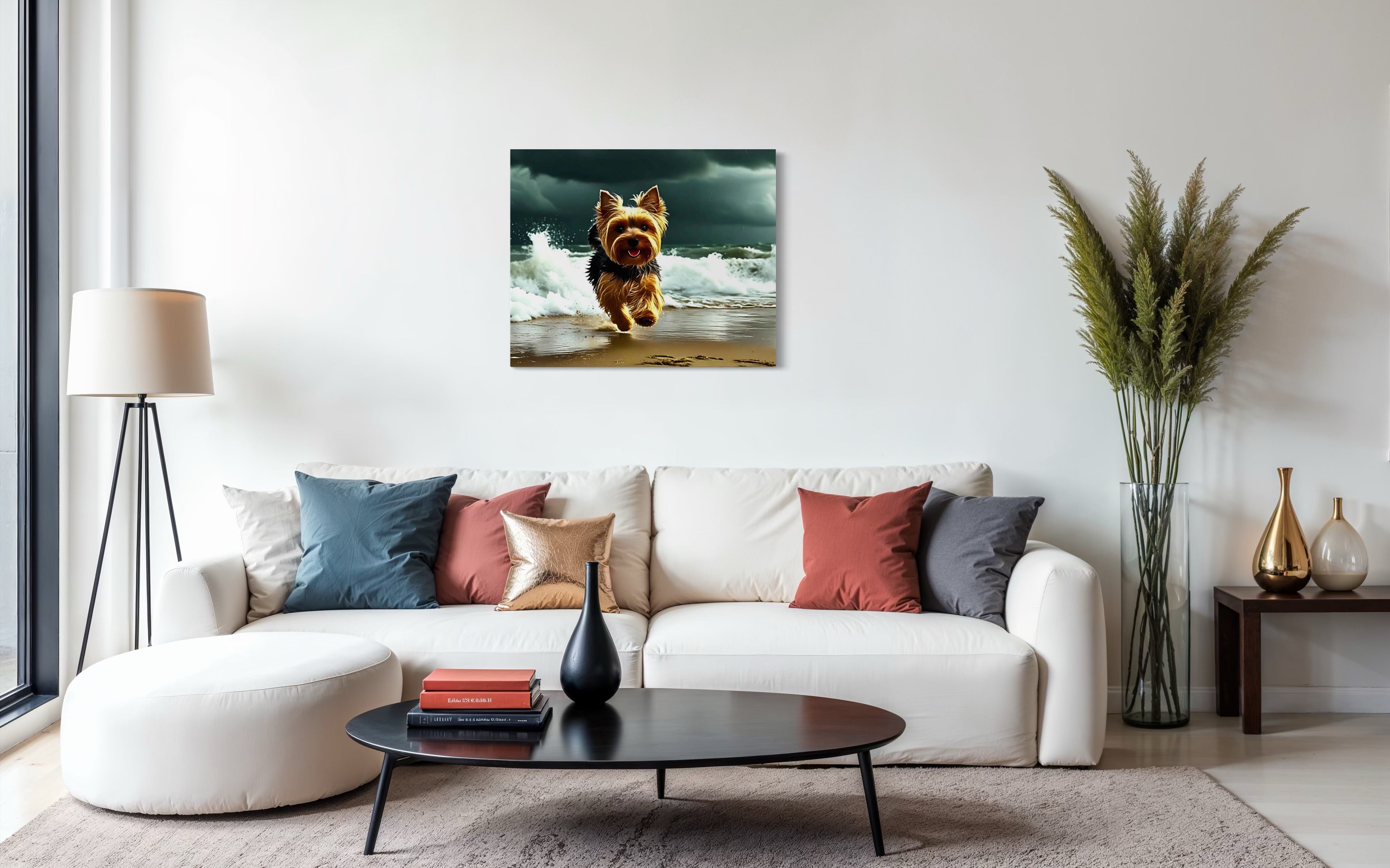 Yorkie running on the Beach in a Storm
