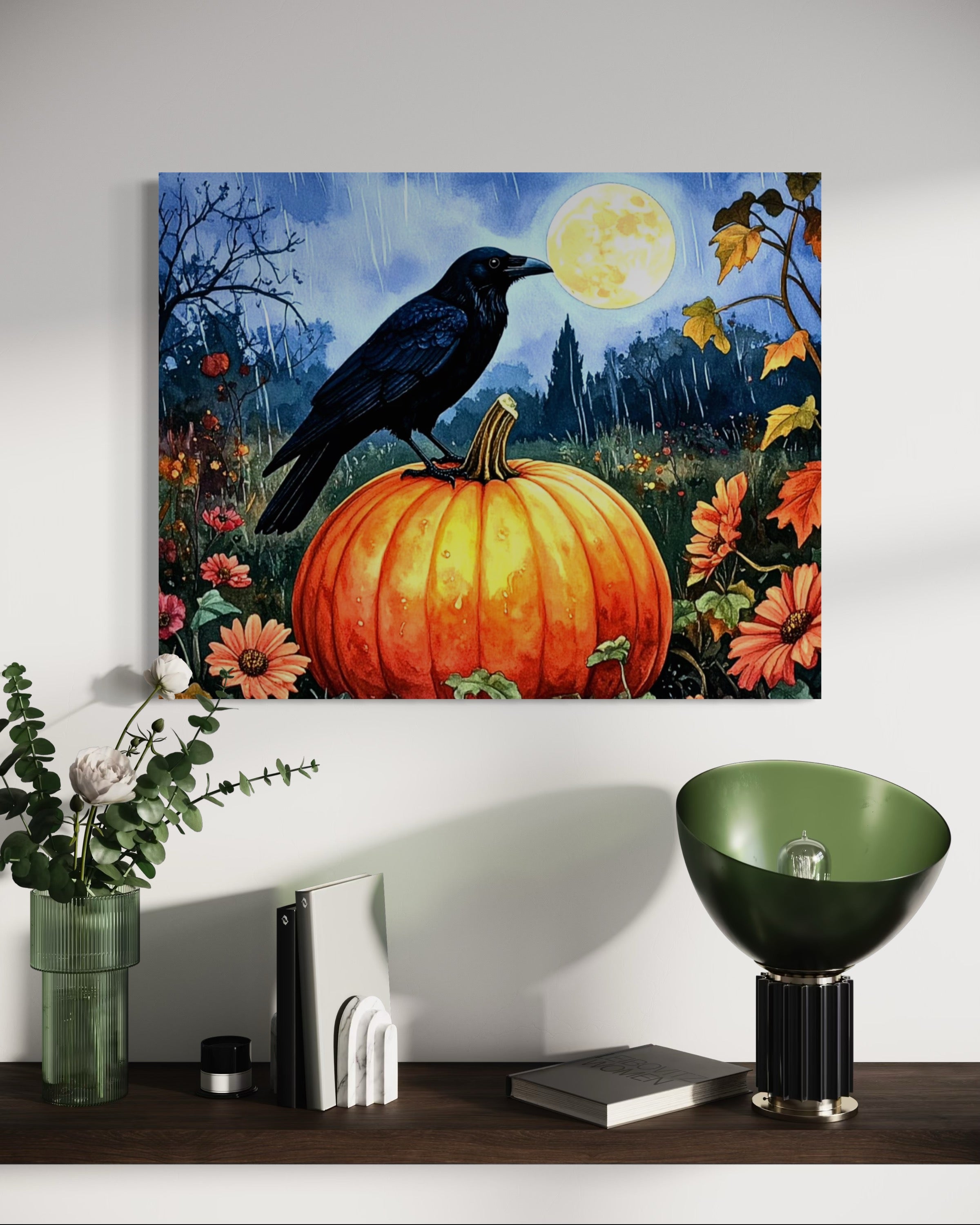 Crow on Pumpkin in Rain