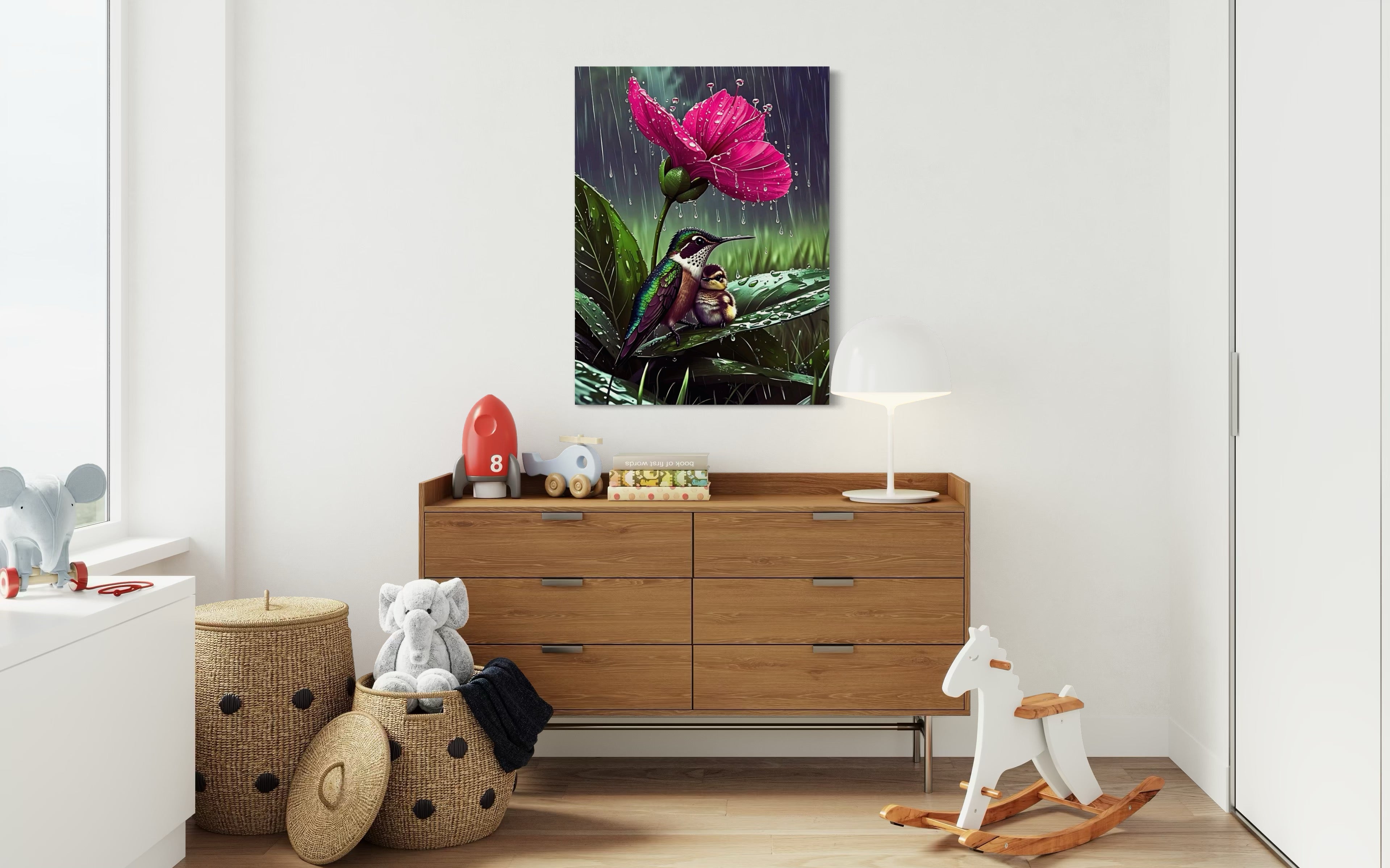Hummingbirds in the Rain under a Flower