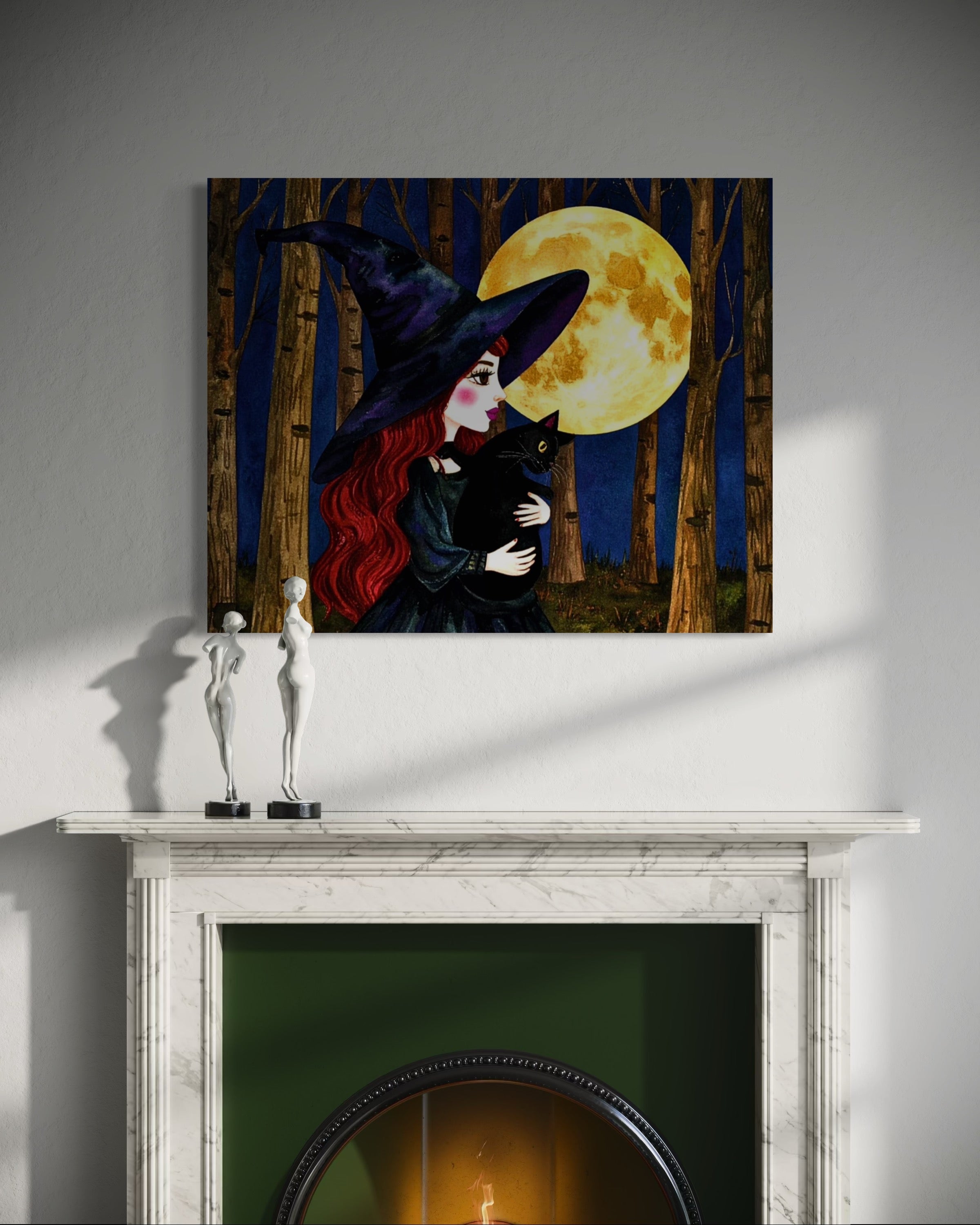 Red Witch with Cat in Moonlight