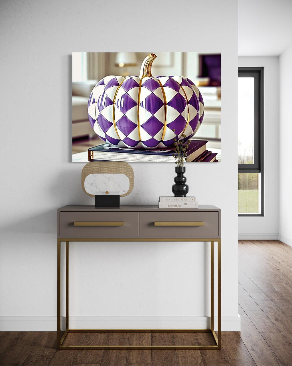Purple and Gold Checkered Ceramic Pumpkin