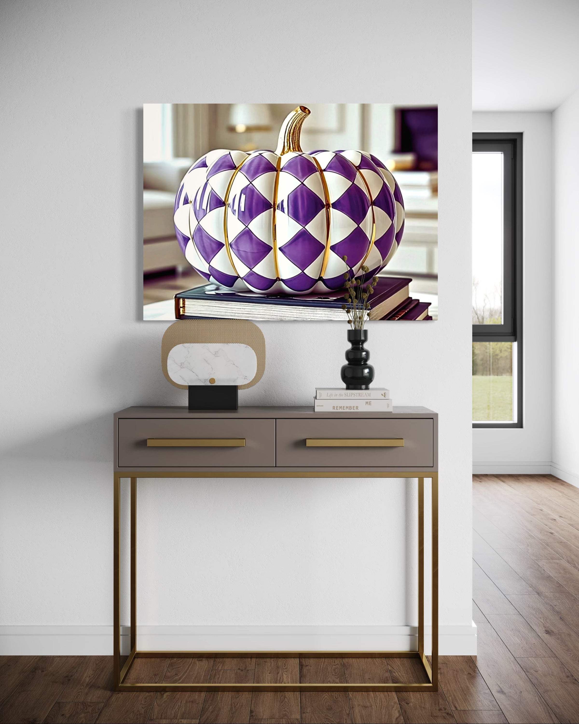 Purple and Gold Checkered Ceramic Pumpkin