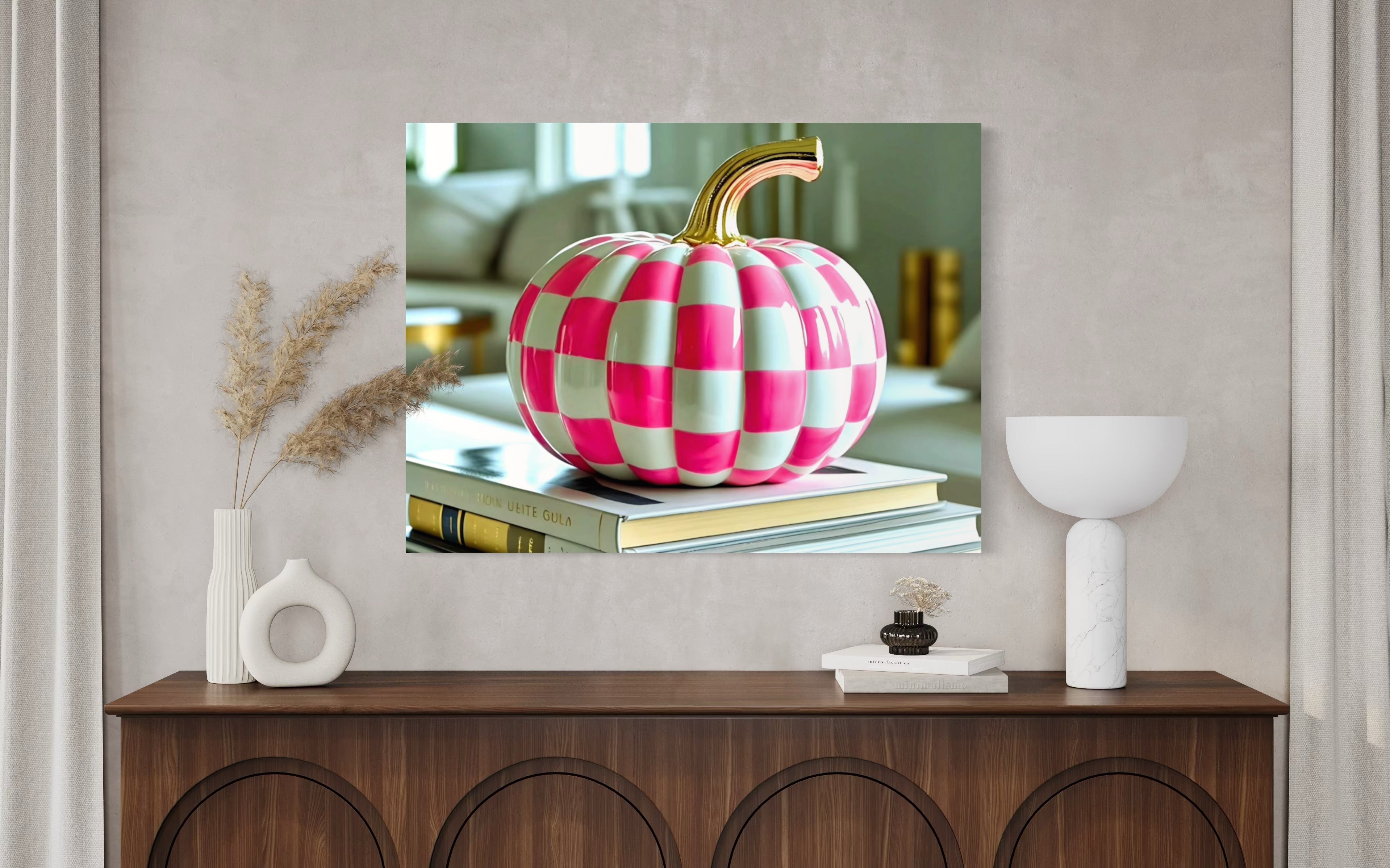 Pink and White Checkered Gold Stem Ceramic Pumpkin