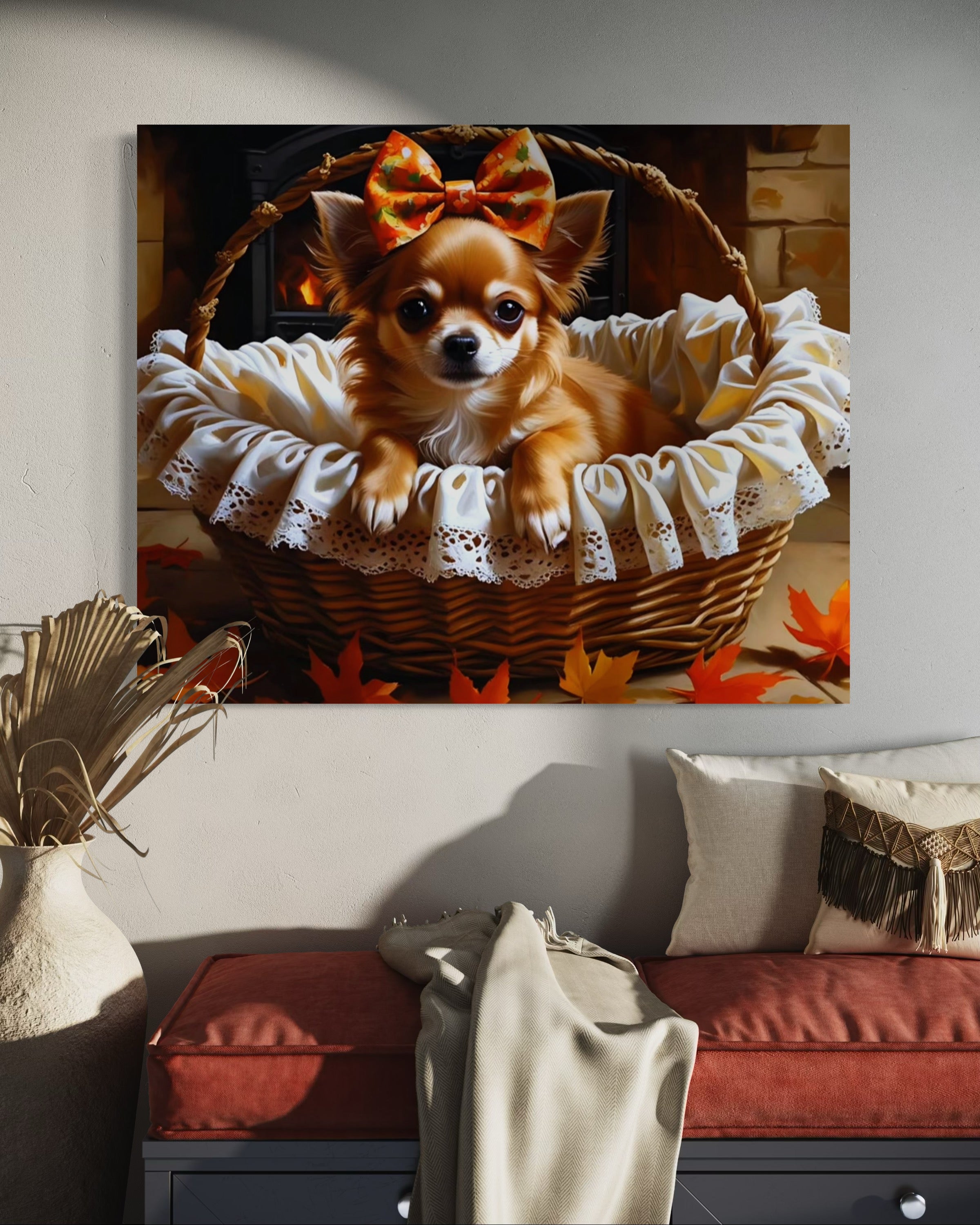 Autumn Chihuahua with Bow in Basket