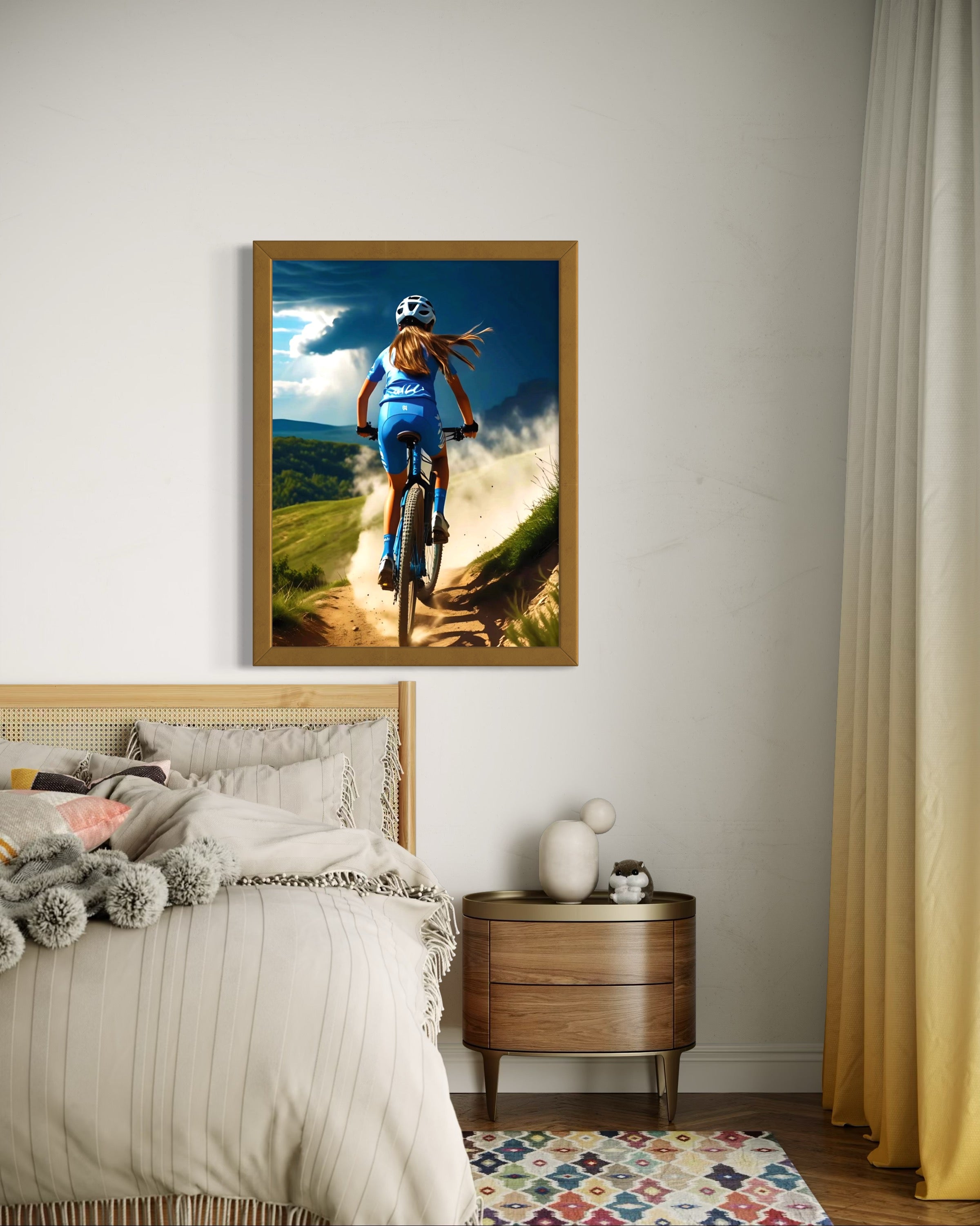 Girl Mountain Biking Blue Museum Print