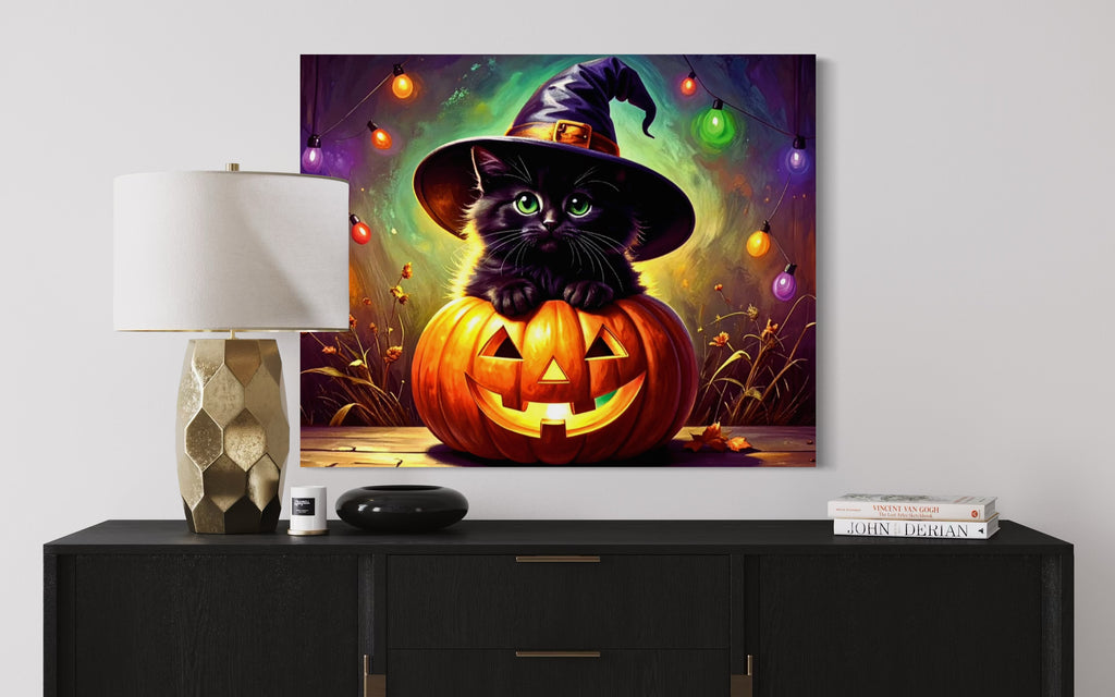 Kitten in Jack O Lantern with Witch Hat