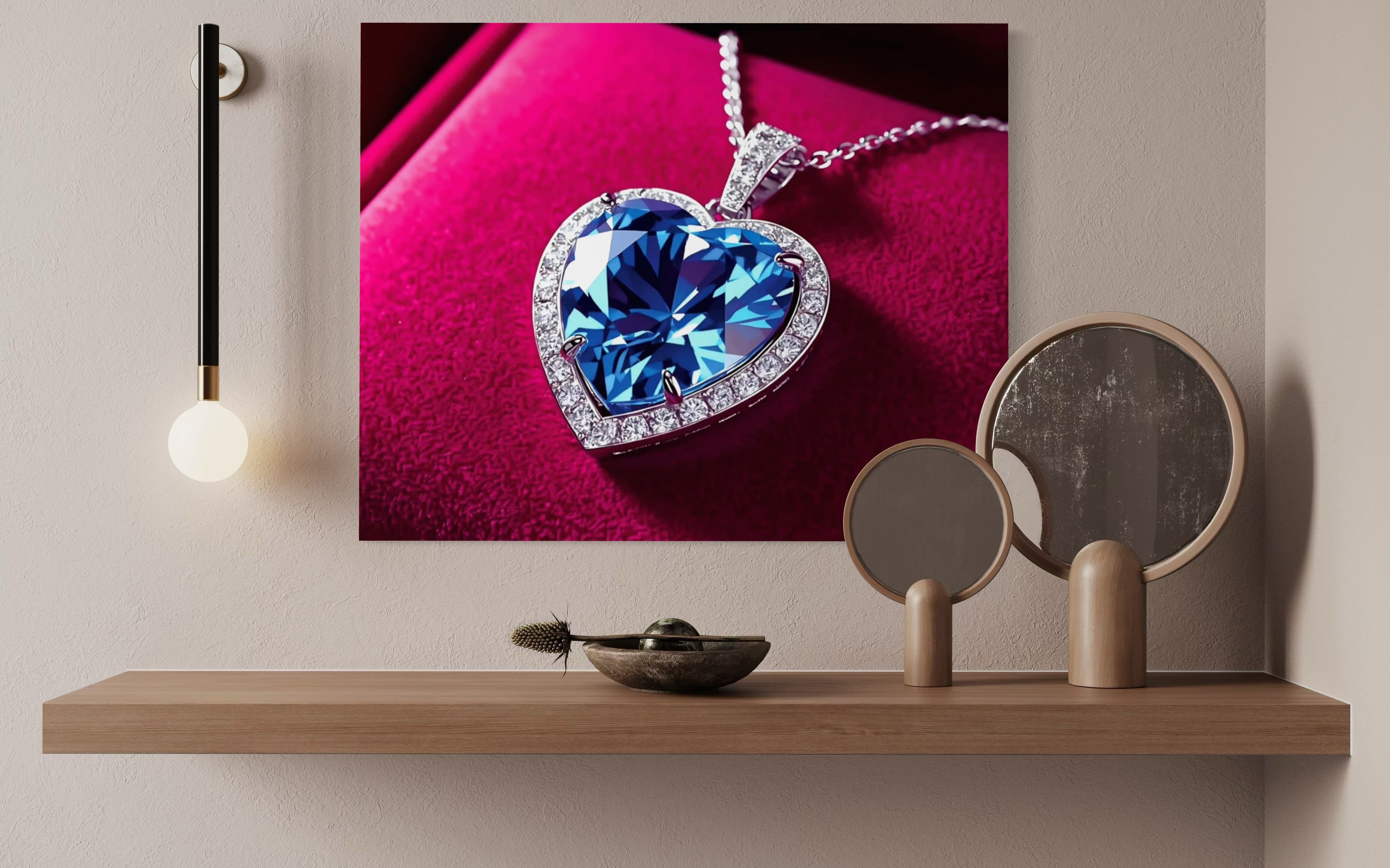 Blue Diamond Heart Necklace on Pink Velvet Museum Print