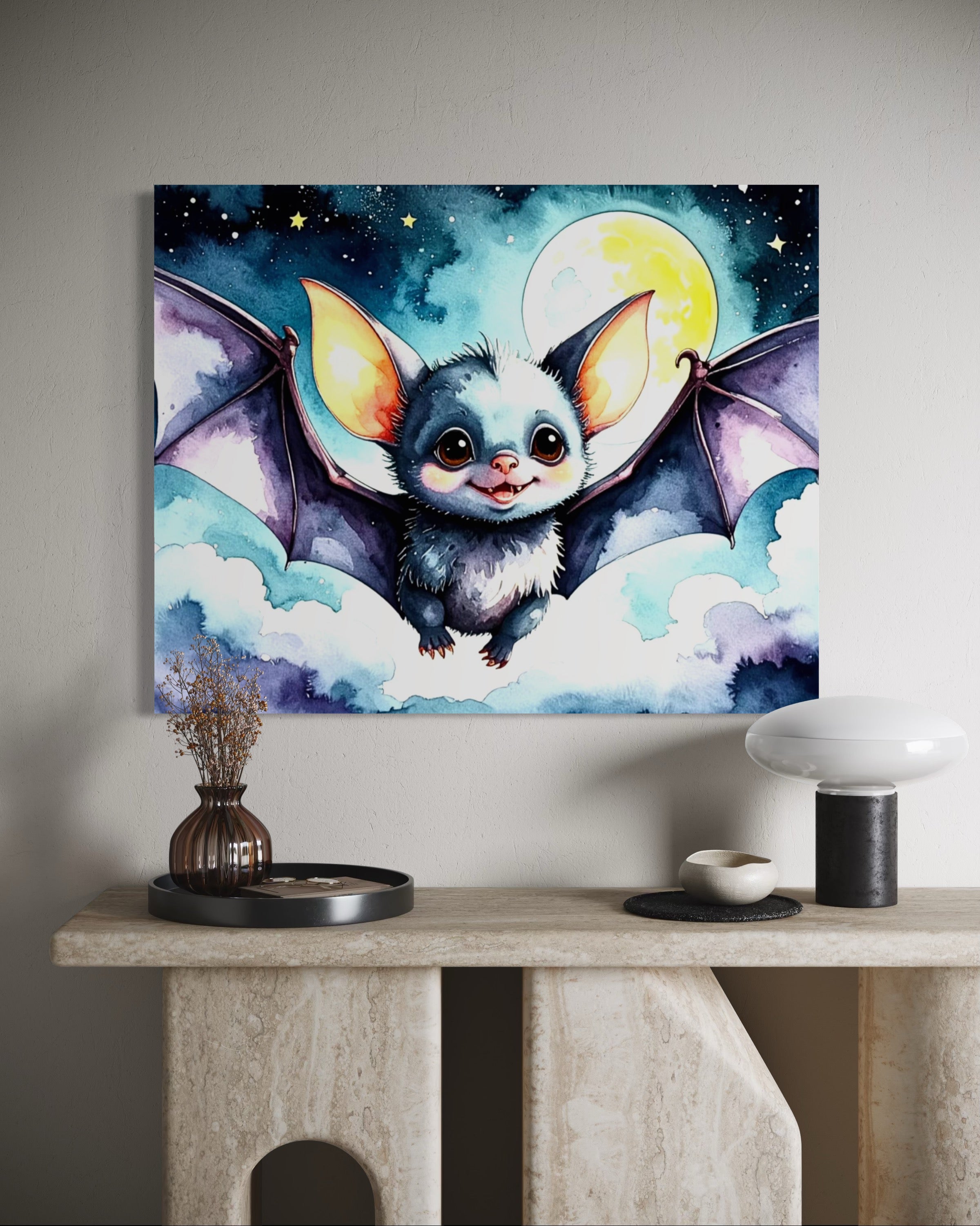 Baby Bat flying under a Full Moon
