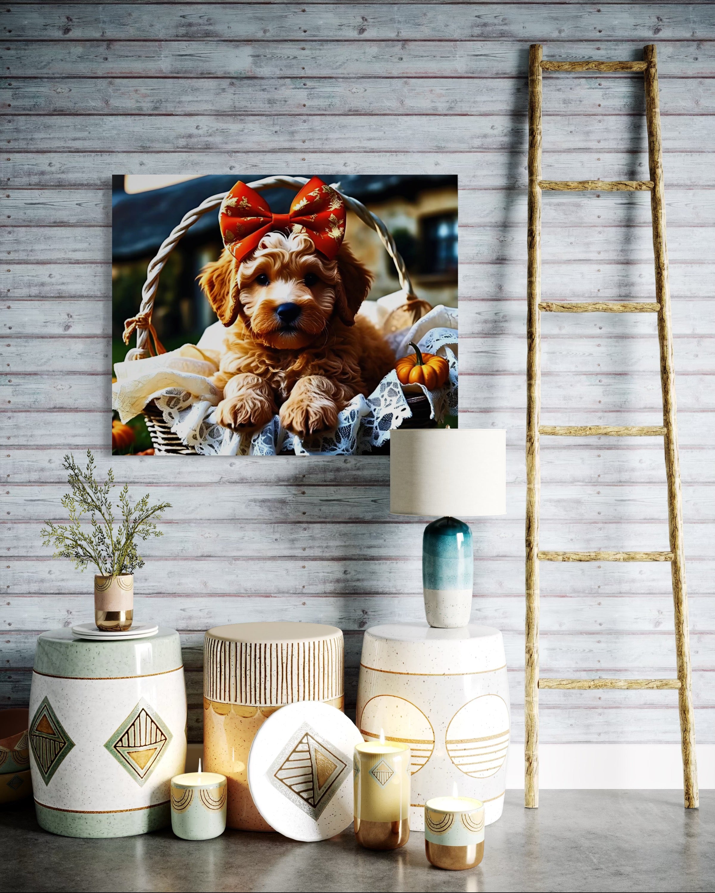 Autumn Goldendoodle Puppy with Bow in Basket