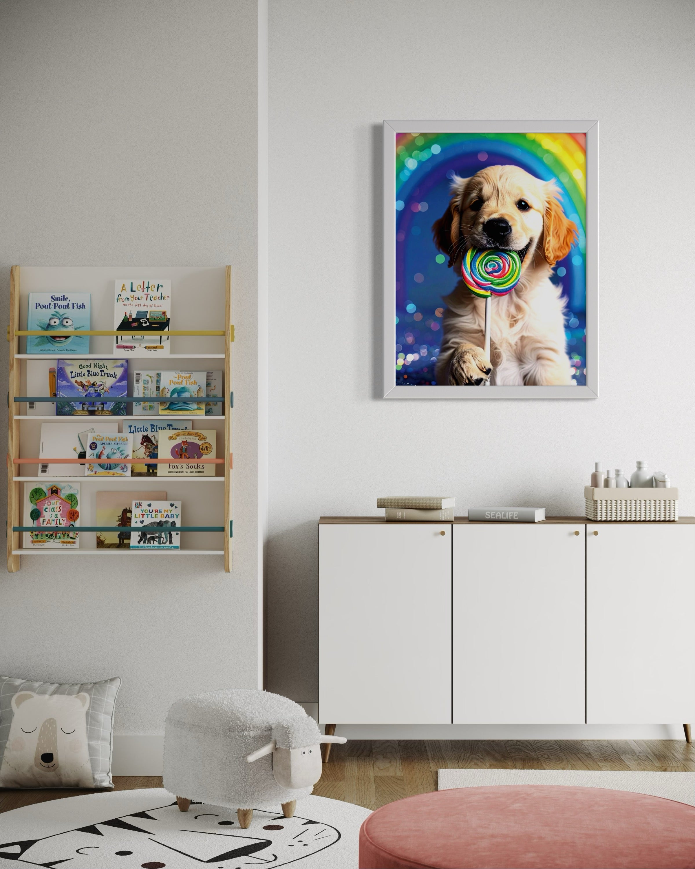 Golden Retriever Puppy with Rainbow Lollipop Museum Print