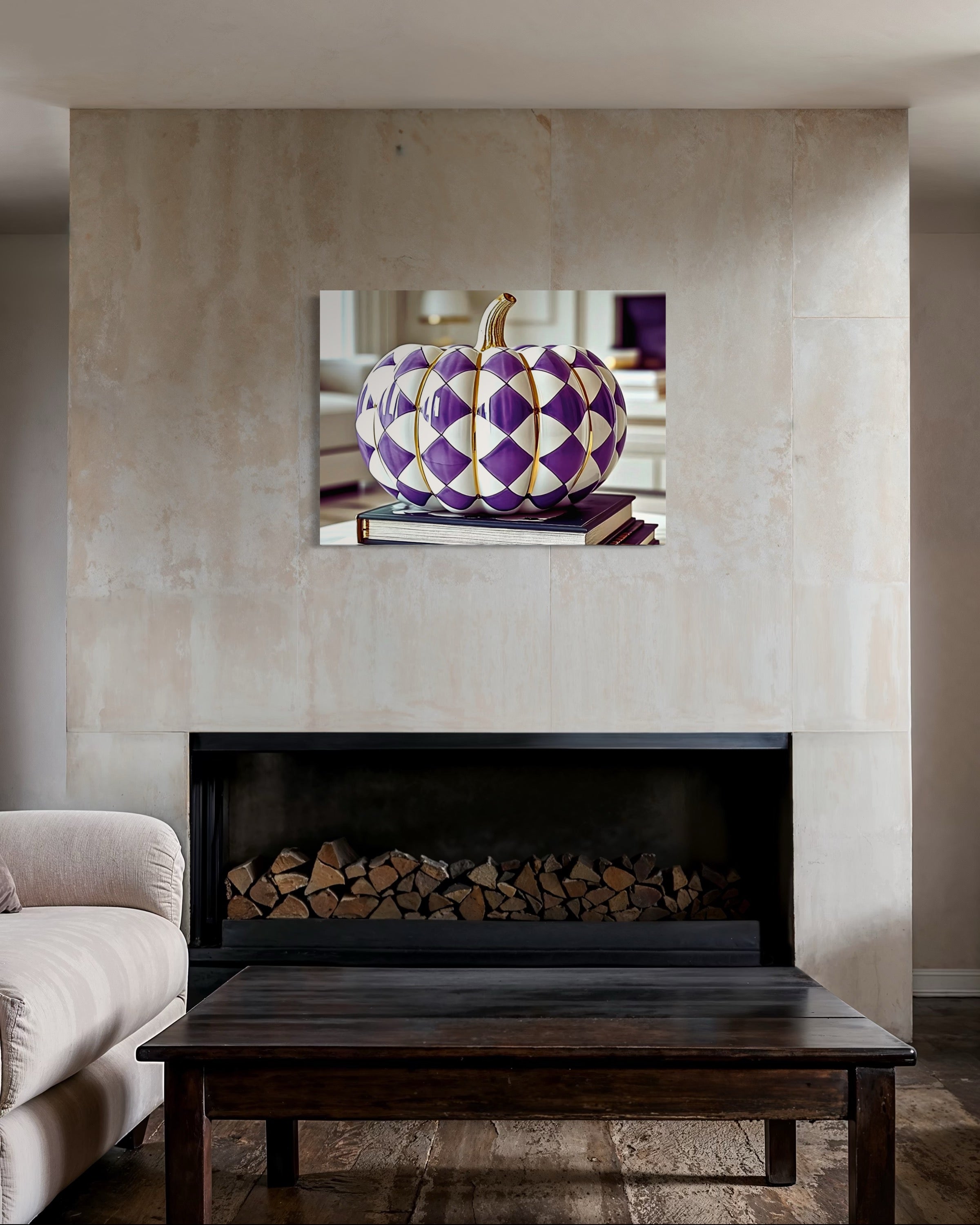 Purple and Gold Checkered Ceramic Pumpkin
