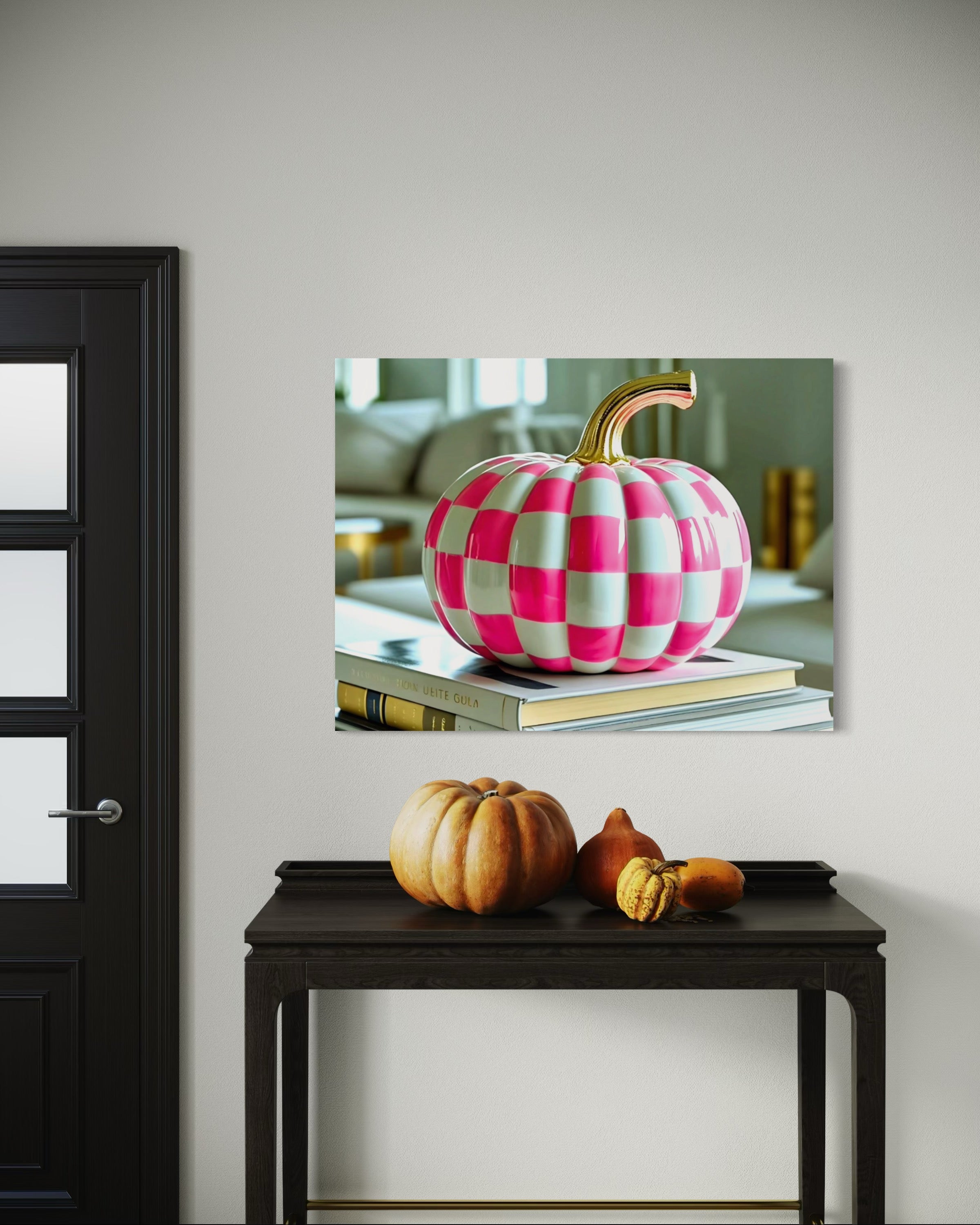Pink and White Checkered Gold Stem Ceramic Pumpkin