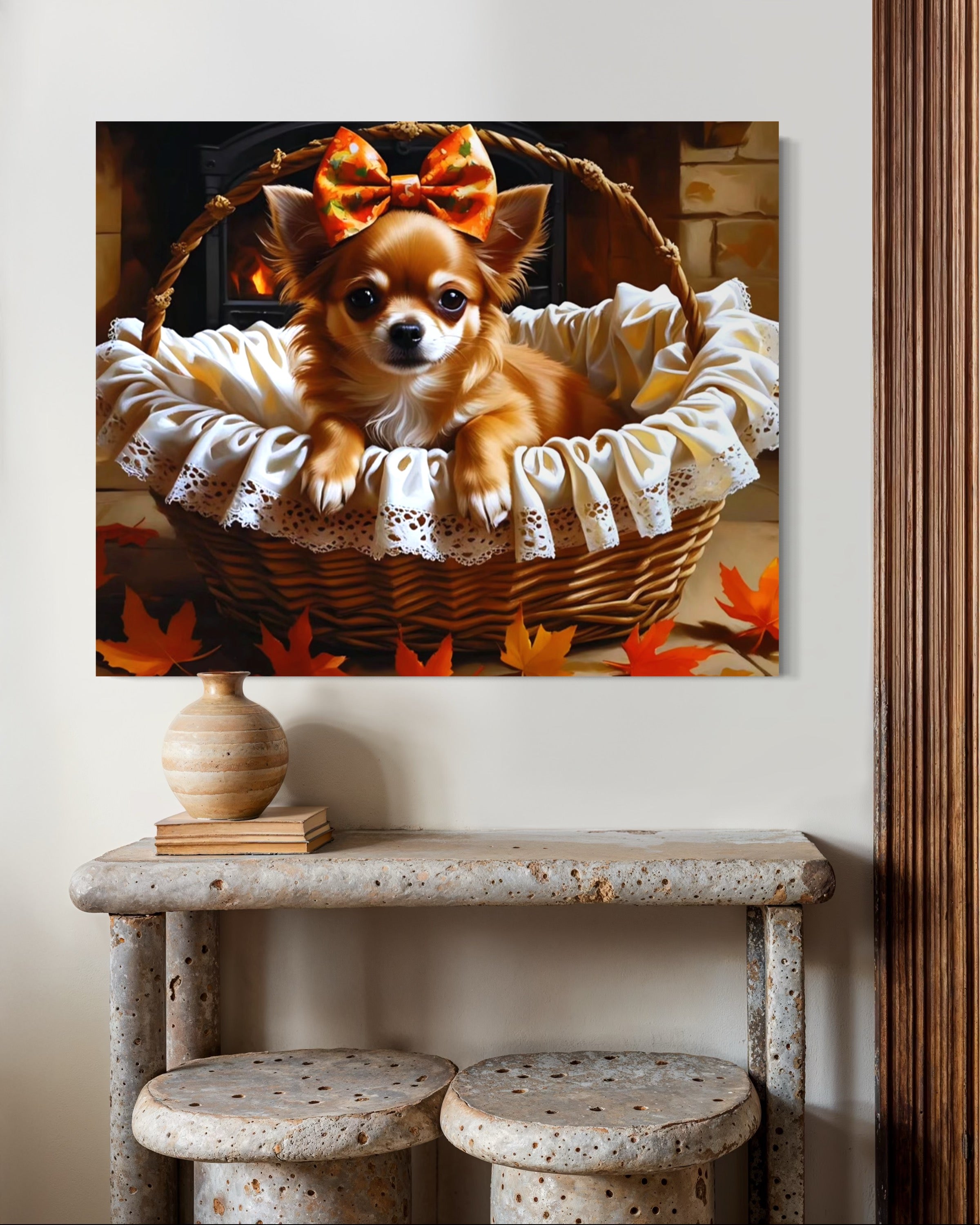 Autumn Chihuahua with Bow in Basket