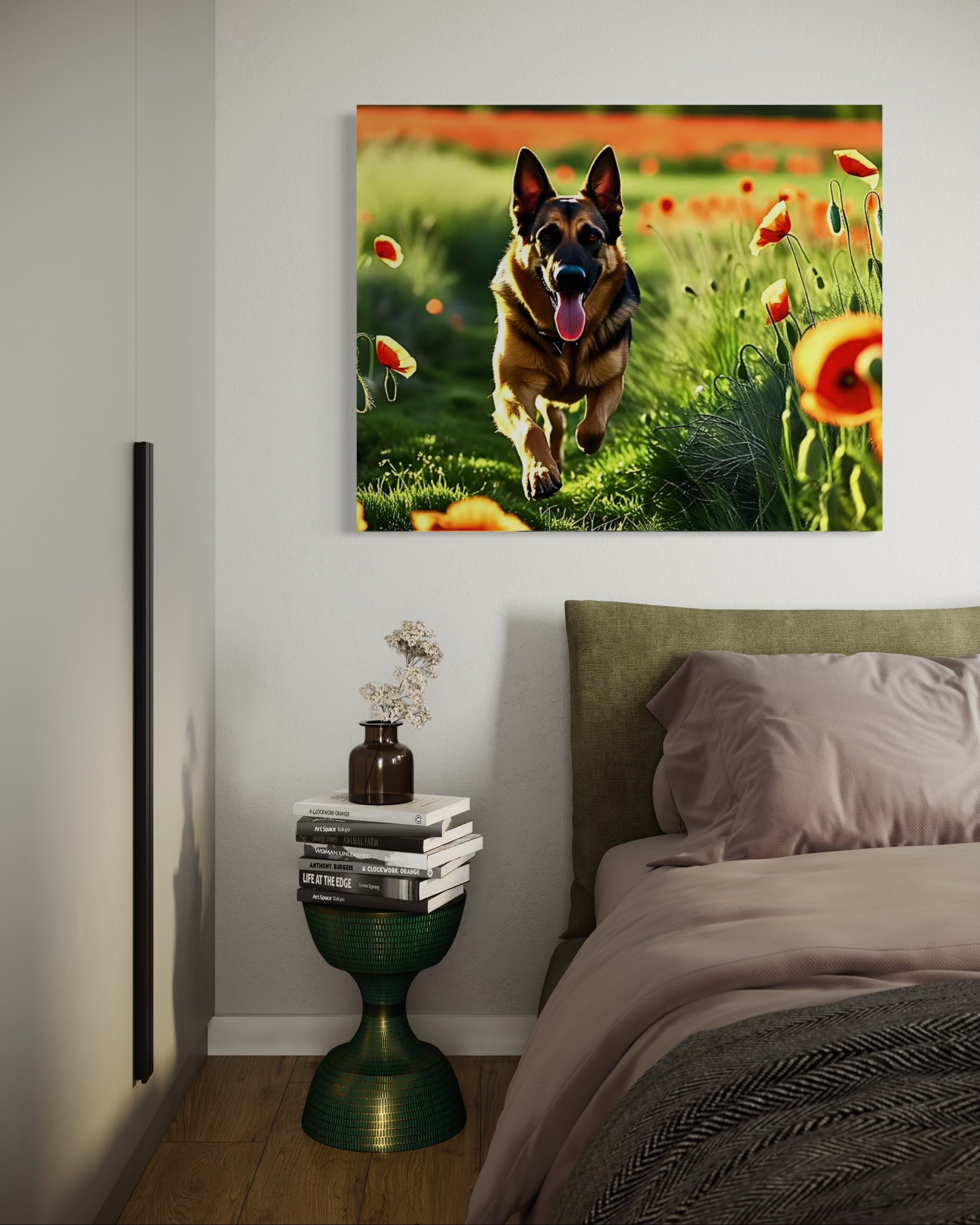 German Shephard Running in a Poppy Field