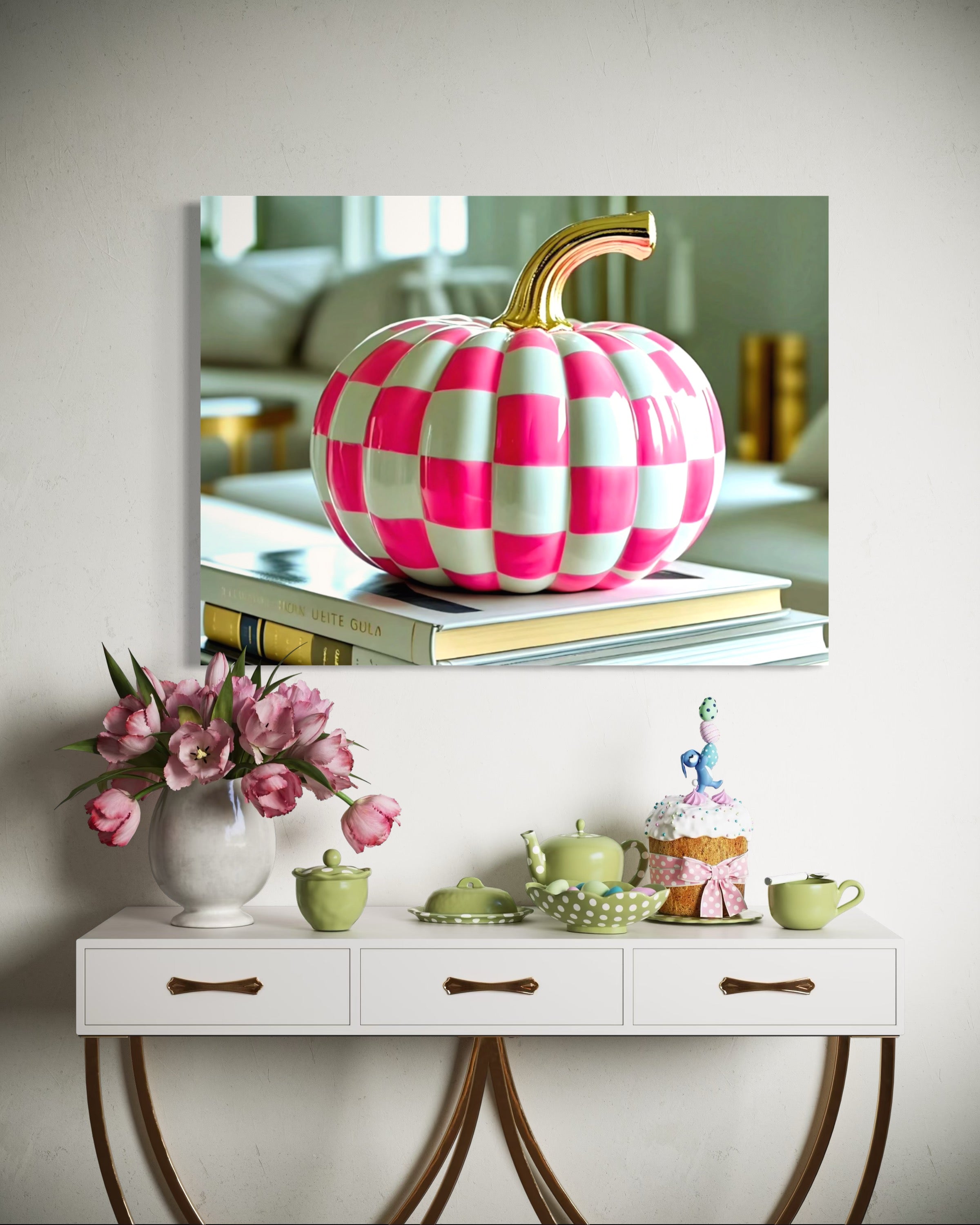 Pink and White Checkered Gold Stem Ceramic Pumpkin
