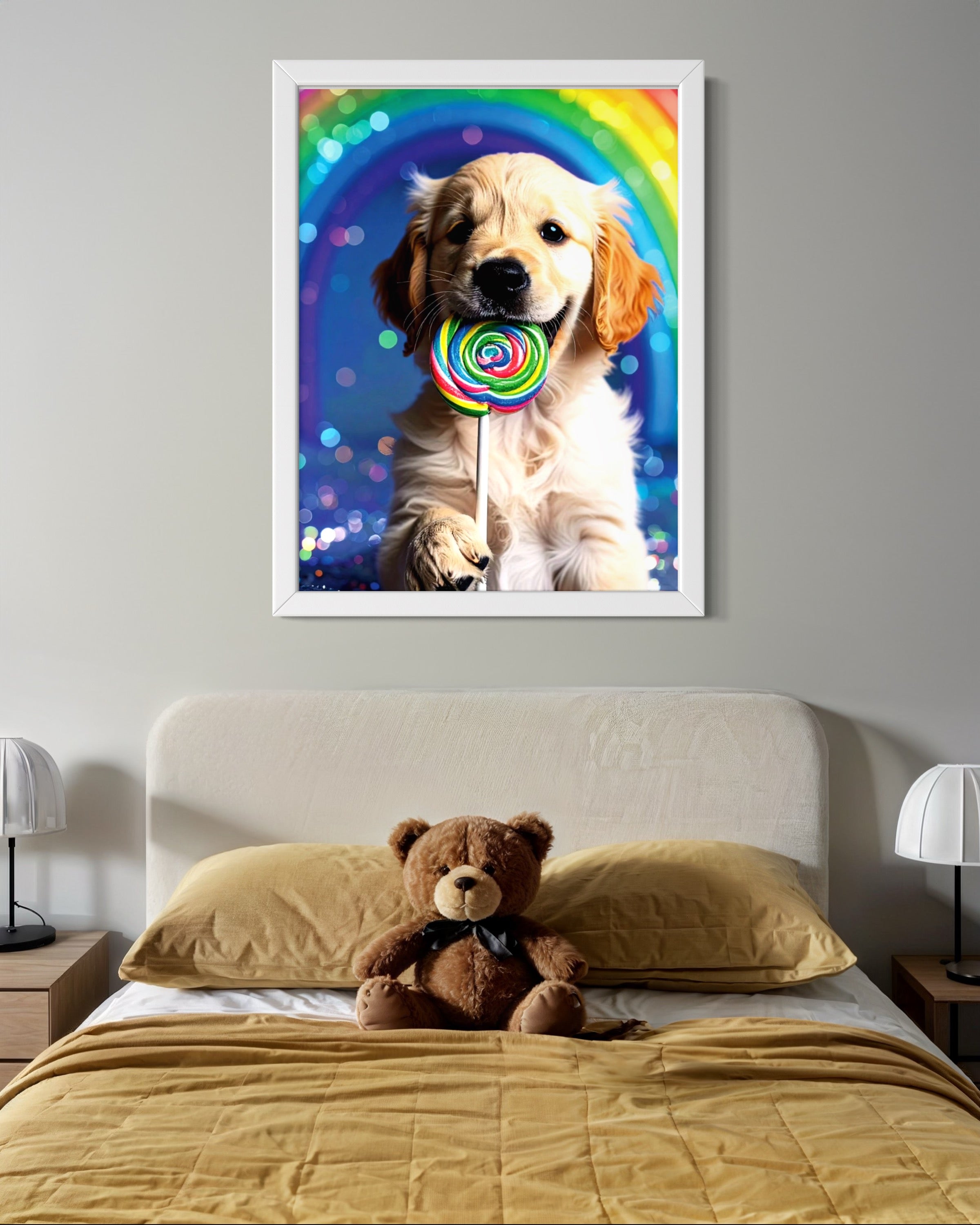 Golden Retriever Puppy with Rainbow Lollipop Museum Print
