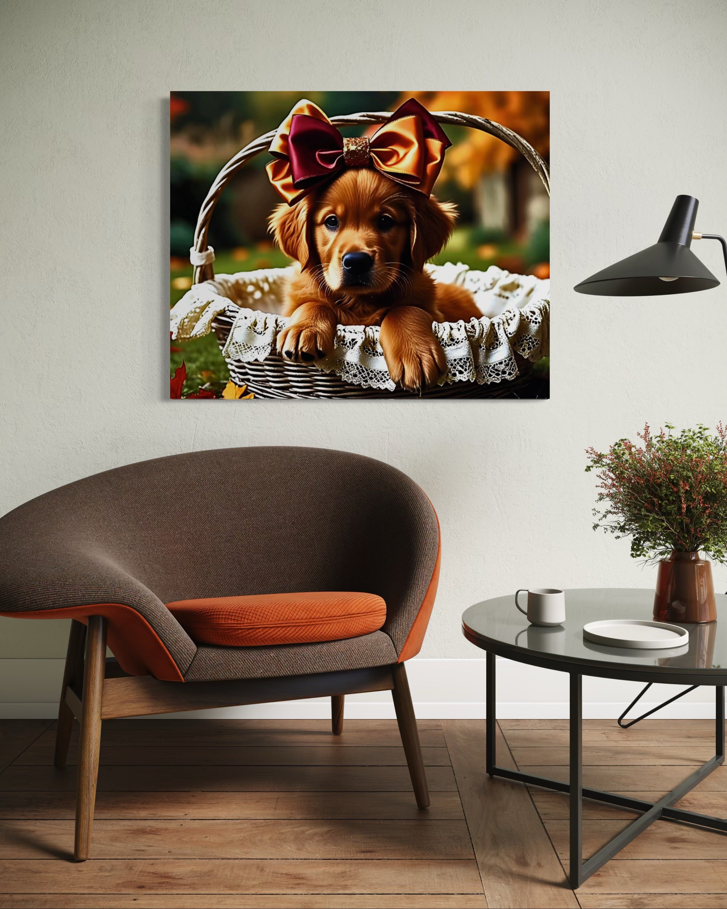 Autumn Golden Retriever Girl Puppy with a bow in a Basket