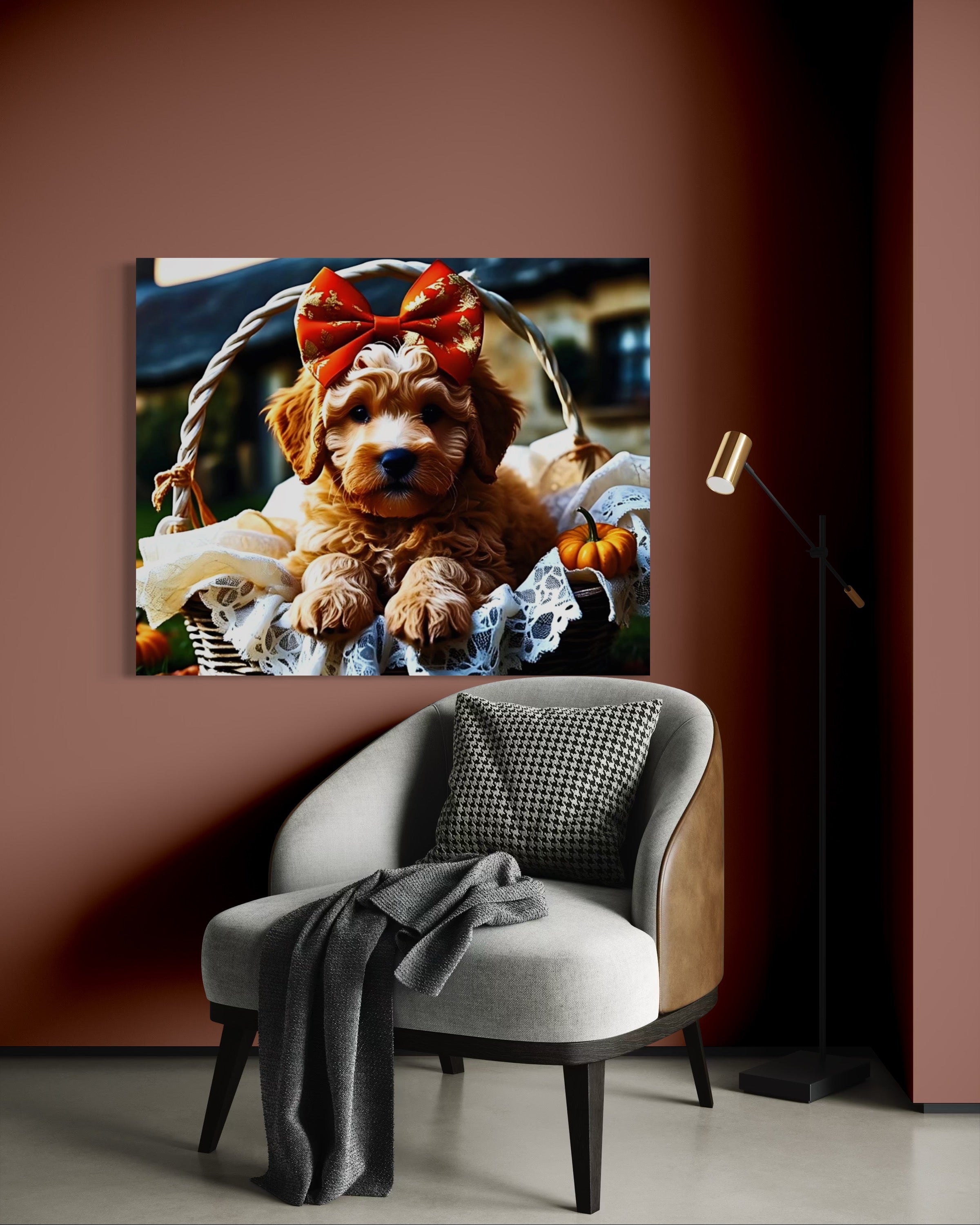 Autumn Goldendoodle Puppy with Bow in Basket