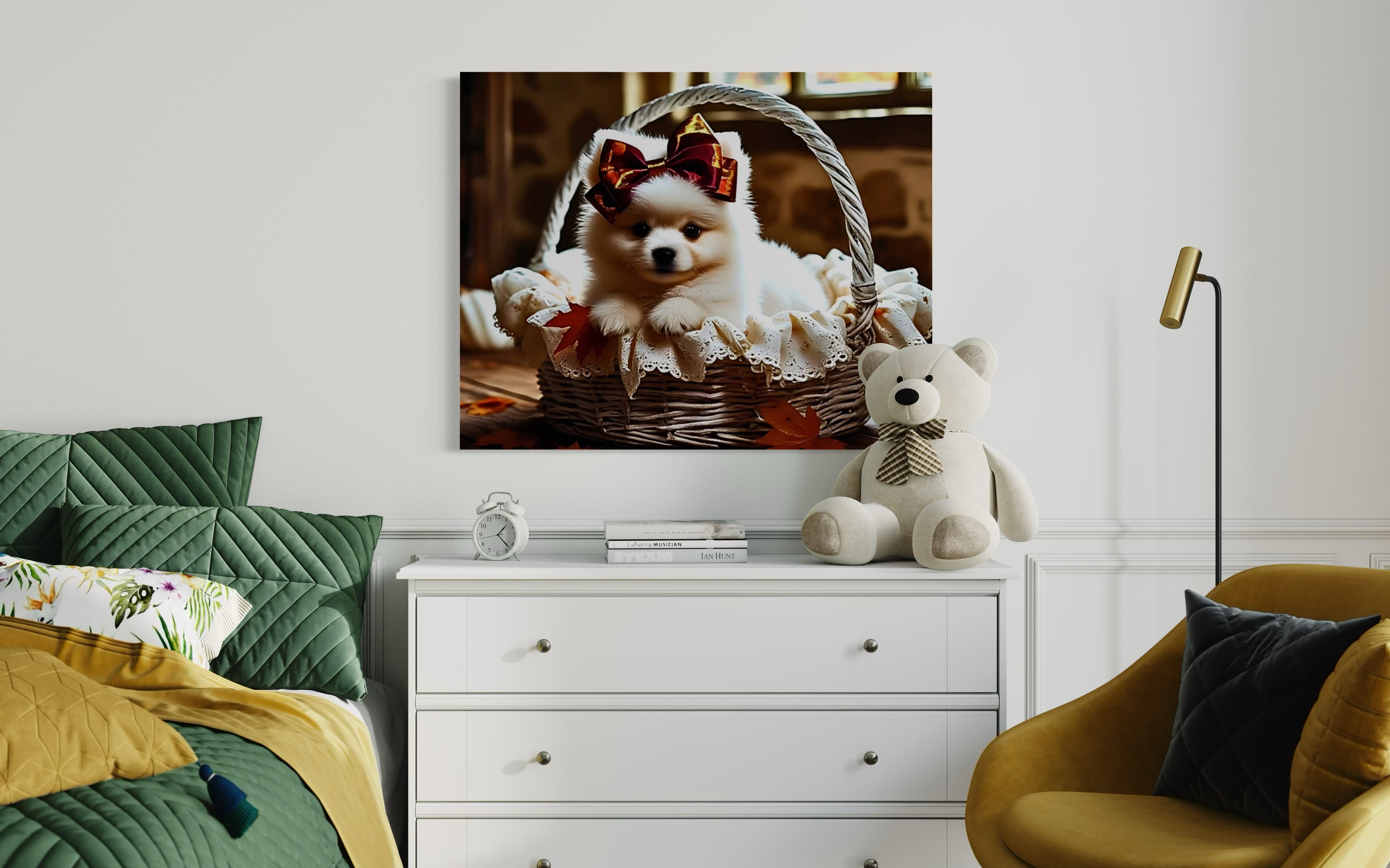 Autumn Pomeranian Puppy Girl with Bow in Basket