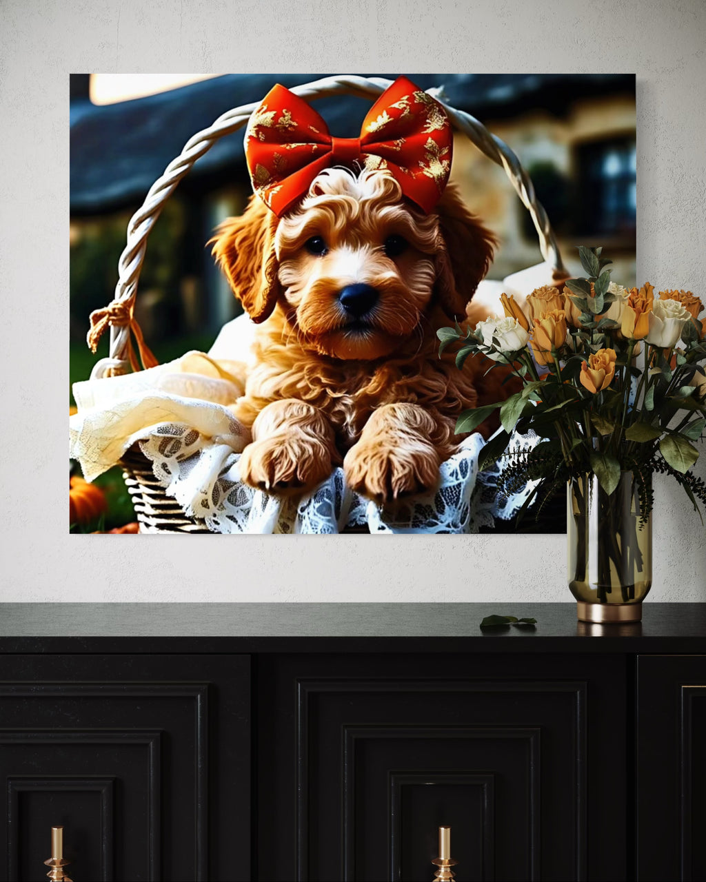 Autumn Goldendoodle Puppy with Bow in Basket