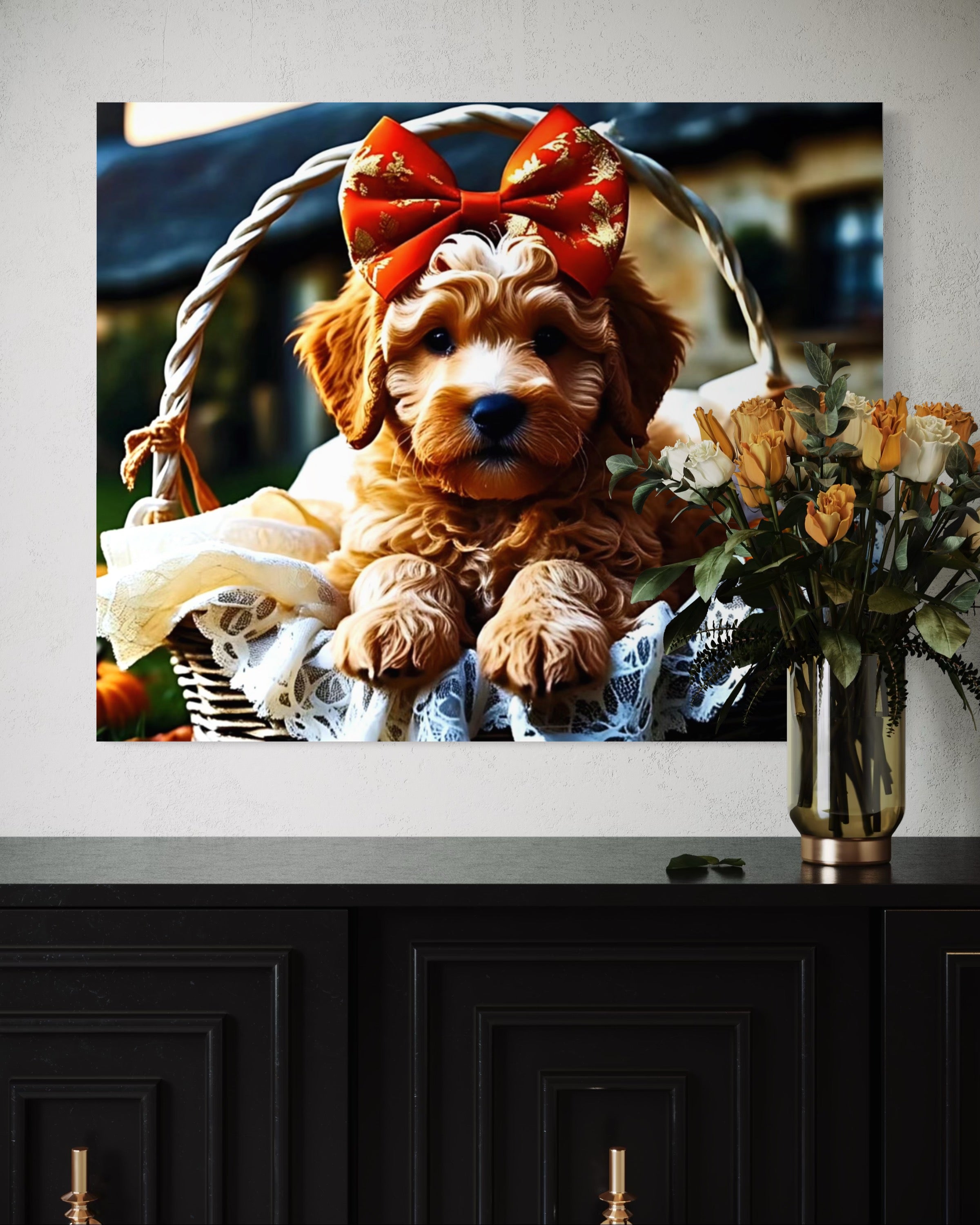 Autumn Goldendoodle Puppy with Bow in Basket