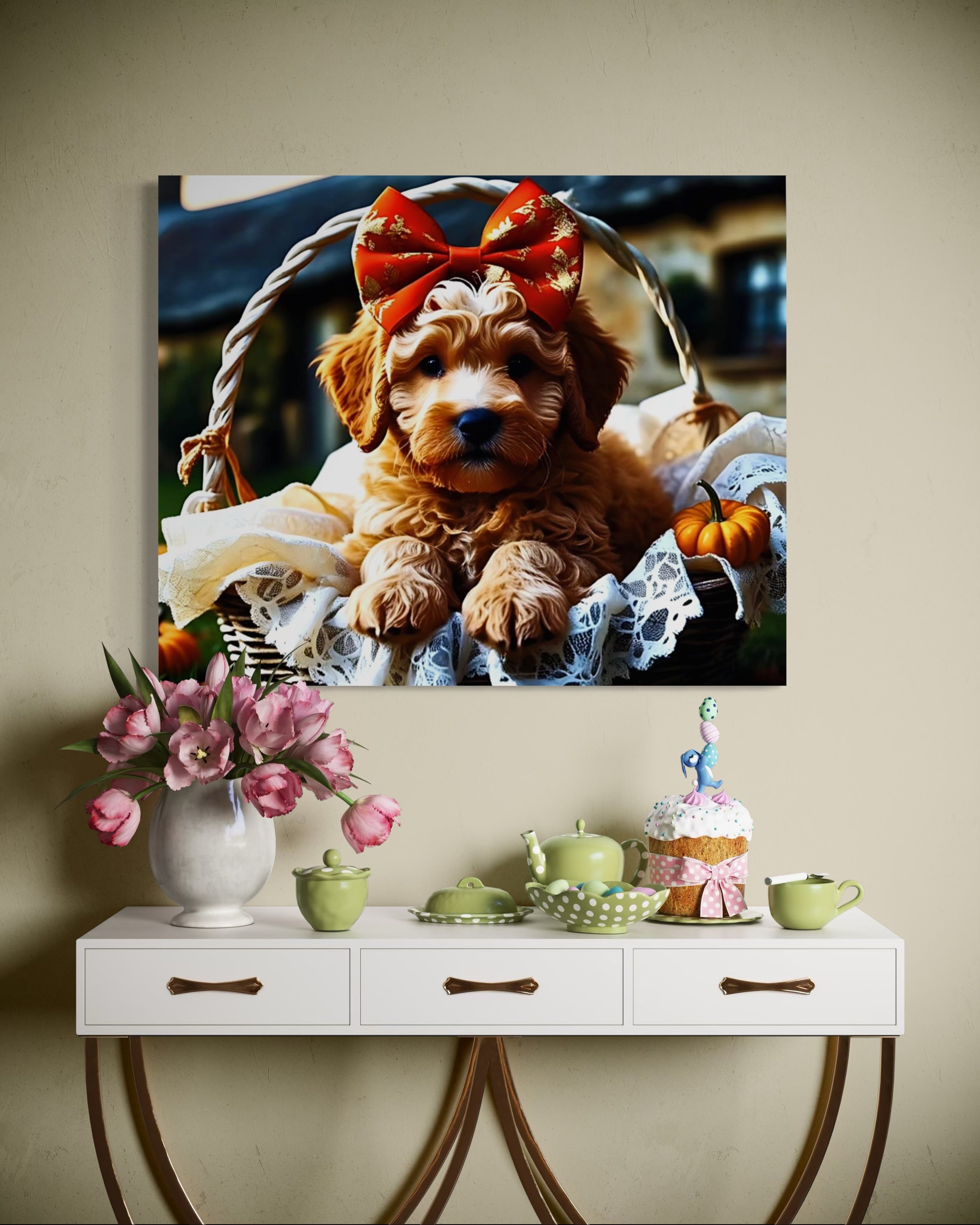 Autumn Goldendoodle Puppy with Bow in Basket