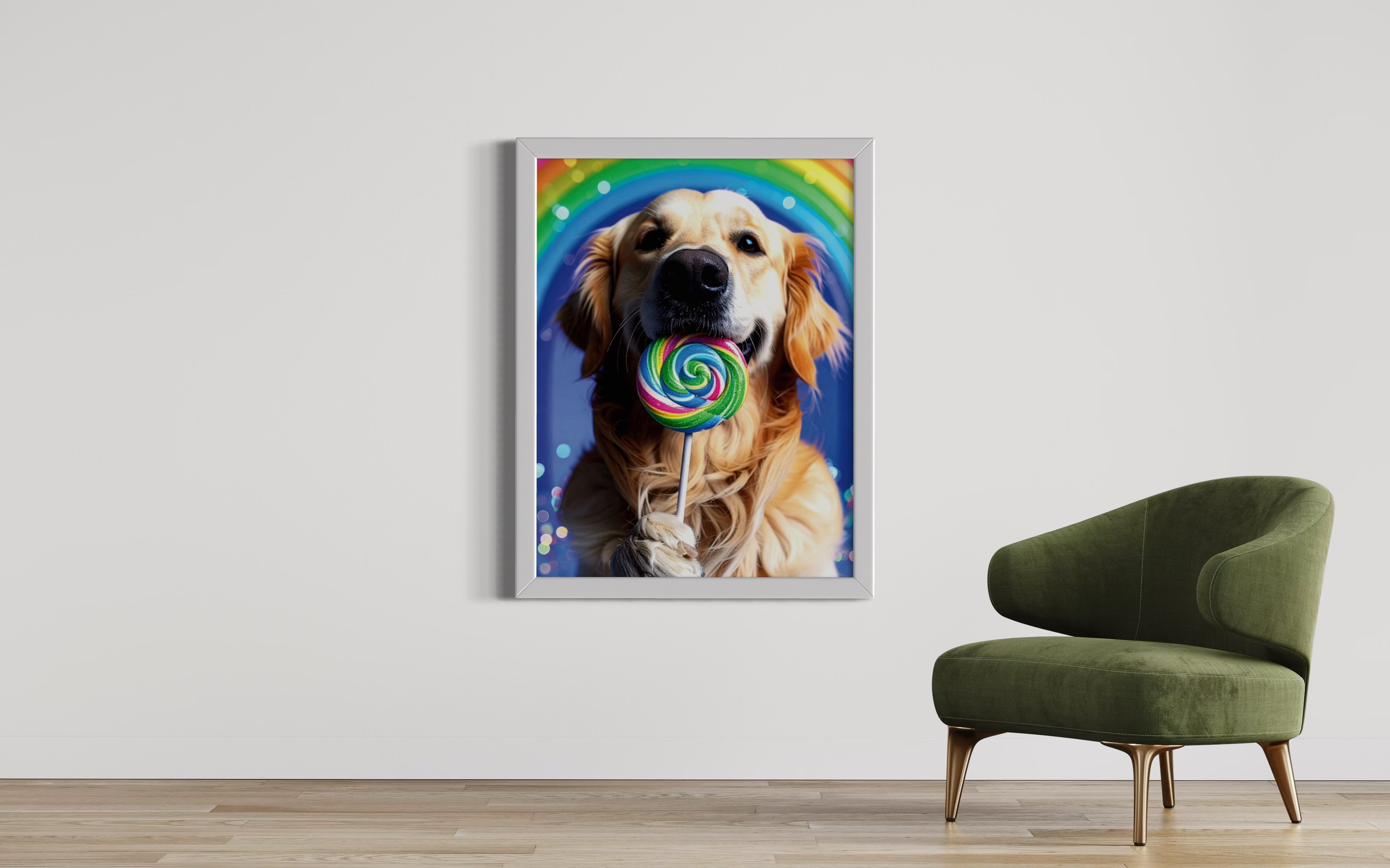 Golden Retriever with Rainbow Lollipop Museum Print